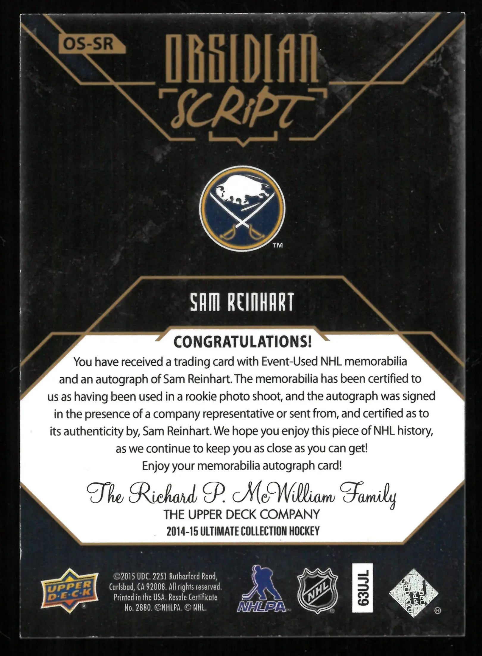 2014-15 Upper Deck Ultimate Collection Sam Reinhart Obsidian Patch Autograph /25 - Rare Hockey Card for Collectors & Sports Memorabilia Fans