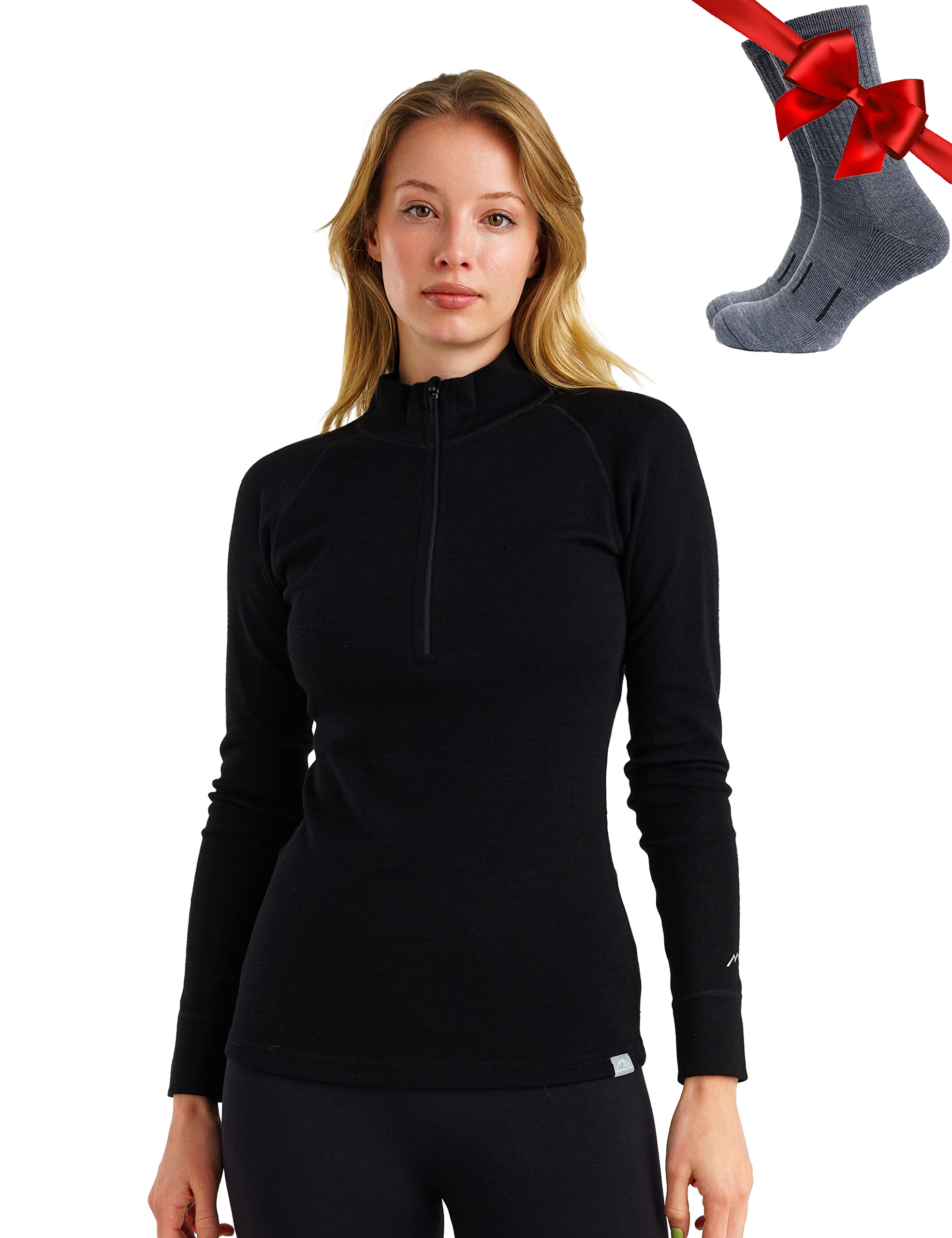 100% Merino Wool Base Layer for Women - Lightweight, Midweight & Heavyweight Half Zip Sweater & Thermal Shirts with Socks Set - Perfect for Hiking, Skiing & Winter Outdoor Activities