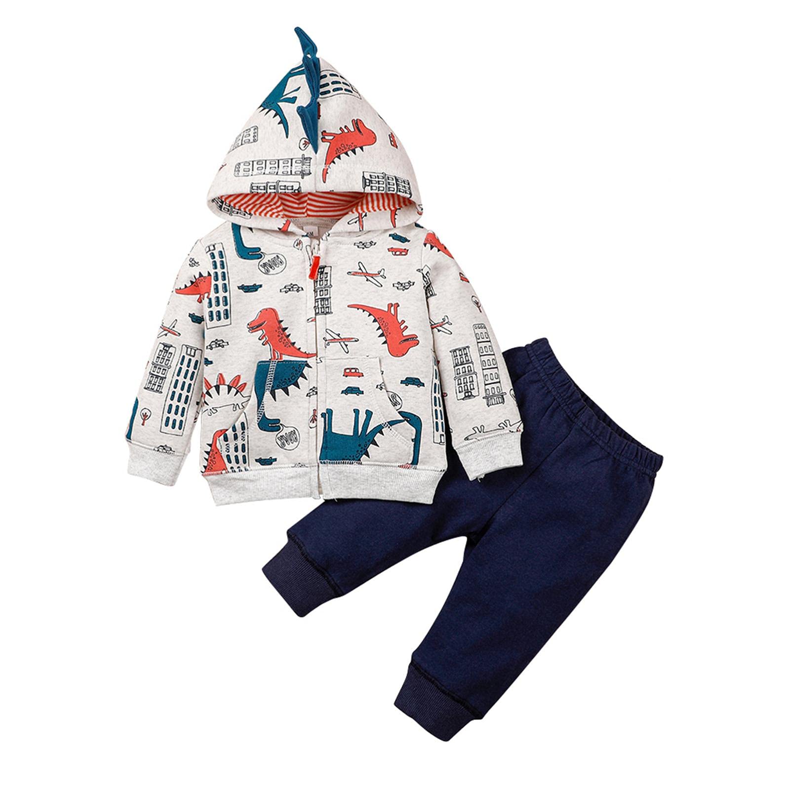 **Dinosaur Printed Hooded Jacket & Pants Set for Baby Boys - Warm Fall Winter Outfit for Toddlers - Perfect for Playdates, Outdoor Adventures & Cozy Family Time**
