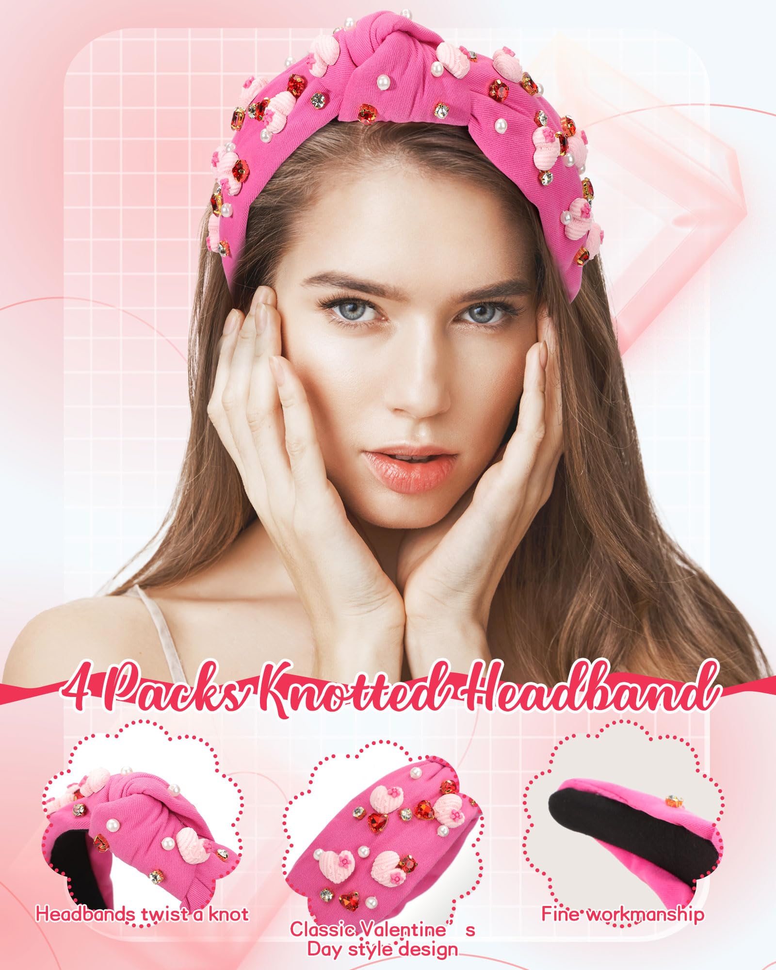 4 Pack Valentines Day Knotted Headbands for Women - Pearl Crystal Gemstone Heart Shape Jewelry Hair Accessories, Fashionable Retro Headbands for Valentine's Party & Dating | Perfect for Valentine's Gifts, Bridal Showers, Date Nights and Special Occasions