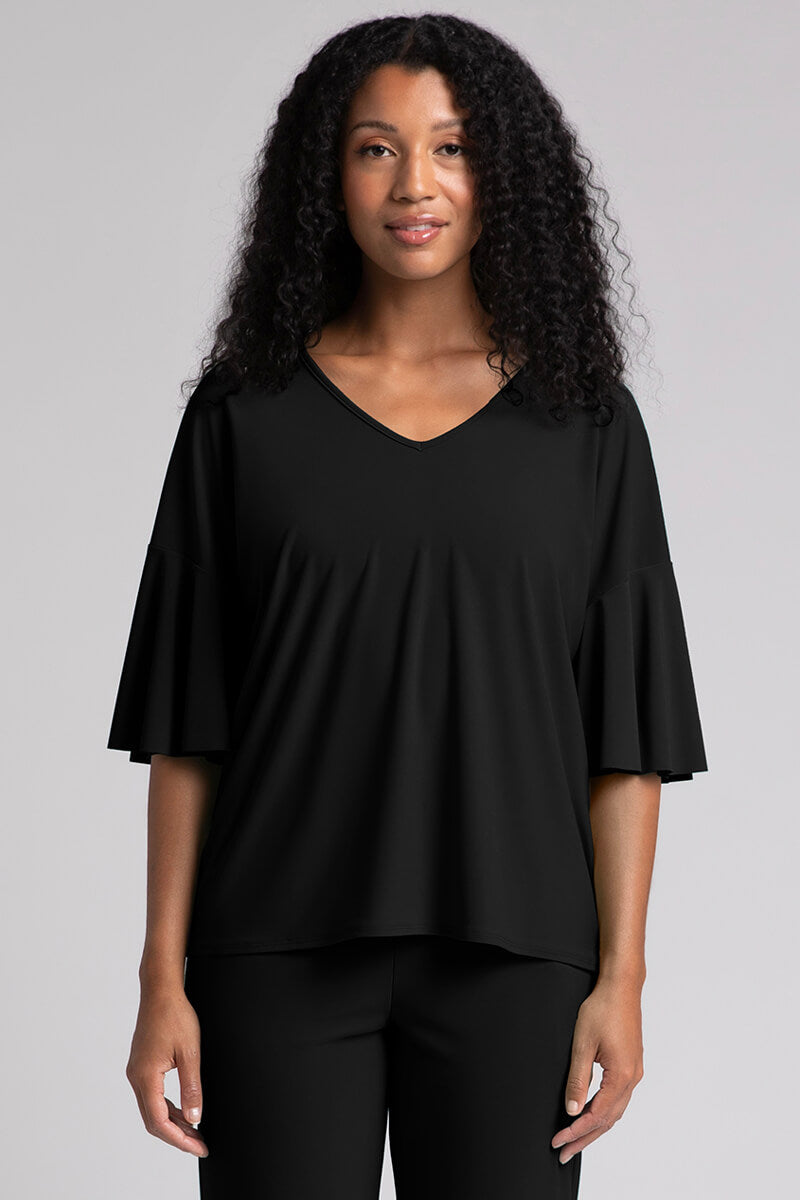 Flutter Dolman Sleeve T-Shirt for Women - Soft Stretch Black Blouse, Casual & Layering Top for Everyday Wear, Work, or Date Night