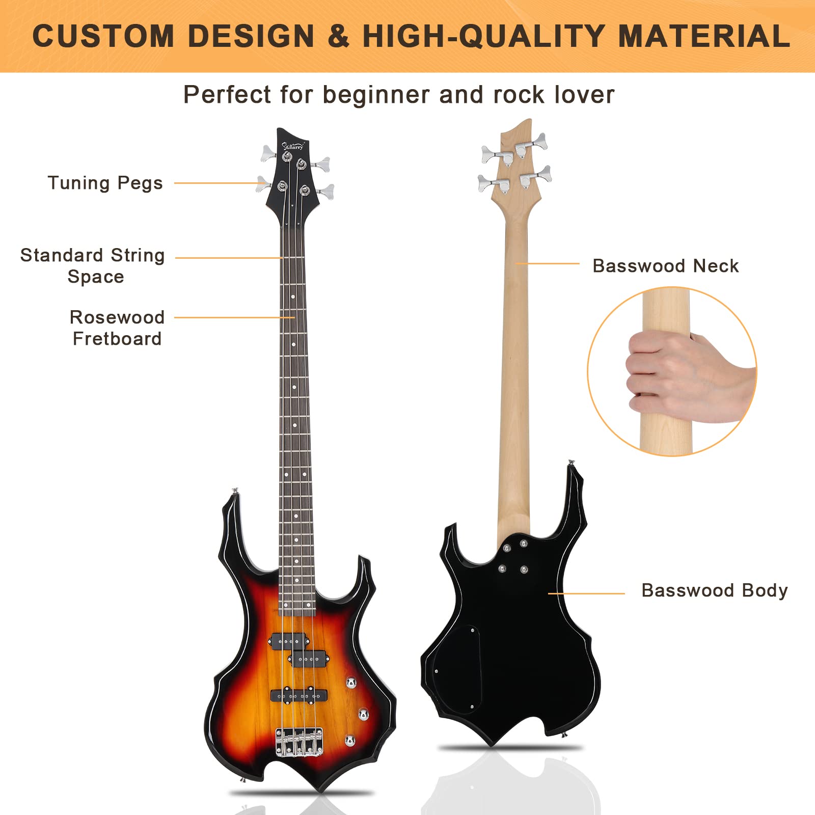 GLARRY 4-String Electric Bass Guitar with Buring Fire Design - Single Coil & Split Coil Pickups for Beginners & Adults (Right Hand) - Includes 20W Amp, Gig Bag, Strap & Cable (Sunburst) - Perfect for Rock, Jazz & Home Practice Sessions