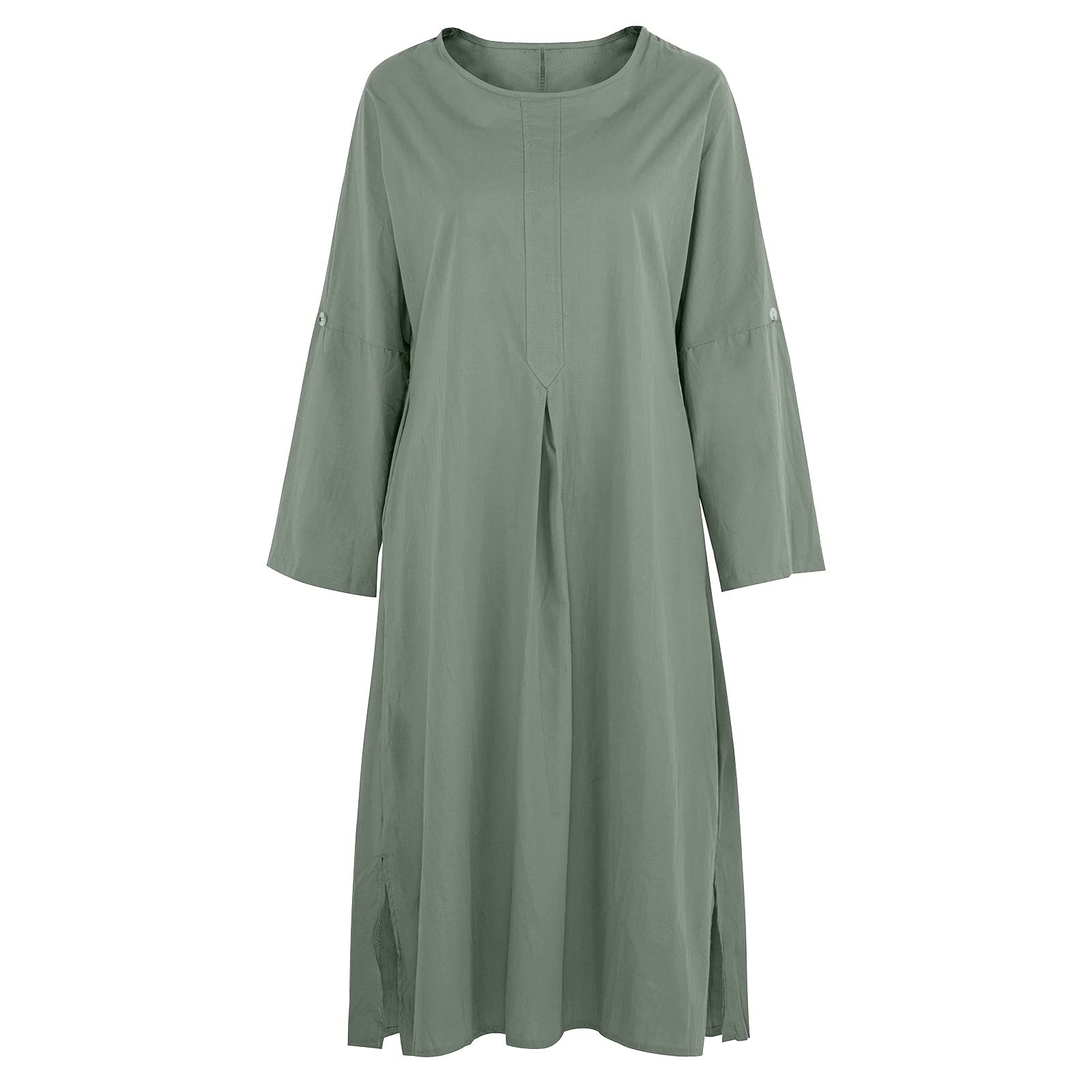 Women's Cotton Linen Maxi Dress with Pockets - Loose Fit Long Sleeve Kaftan Sundress for Summer | Beach Cover Up, Vacation Outfit, Casual Boho Style Dress