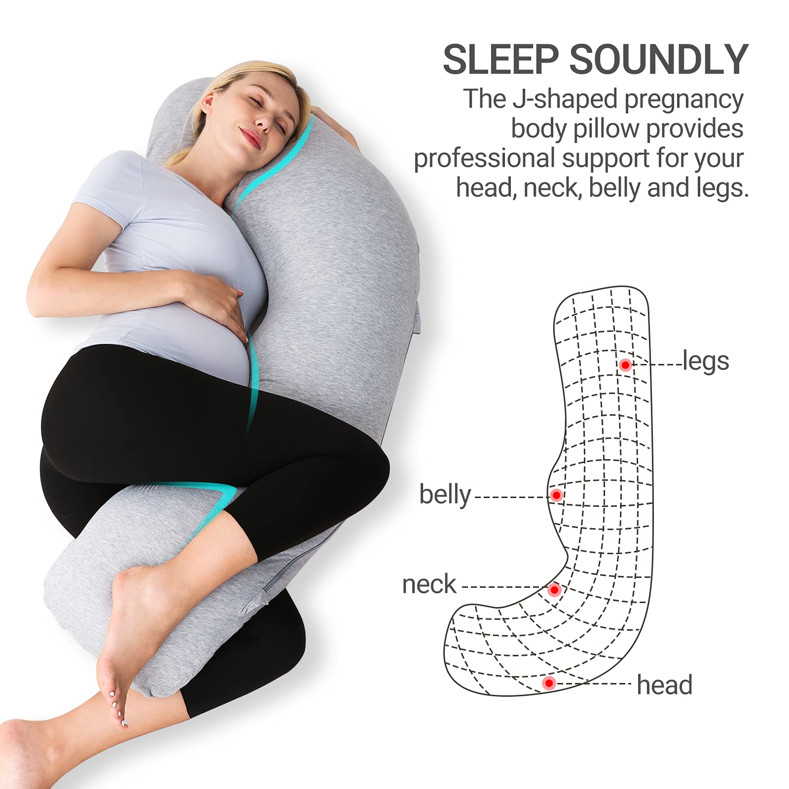 Momcozy J-Shaped Pregnancy Pillow with Removable Cover - Maternity Body Pillow for Head, Neck & Belly Support - Soft Grey Pregnancy Pillow for Sleeping Comfort - Perfect for Side Sleepers & Expecting Moms