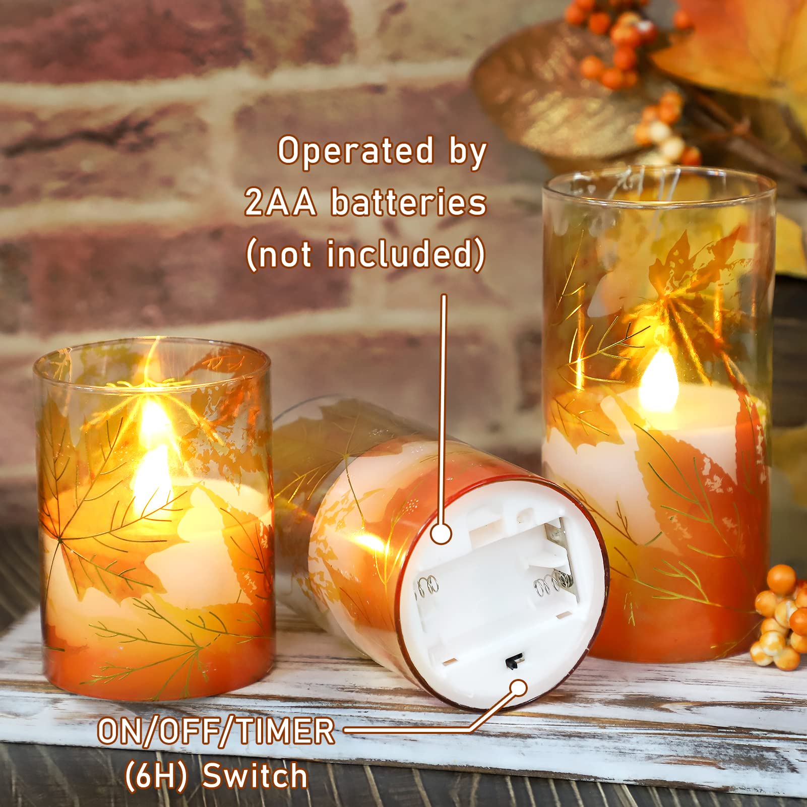 Realistic Flameless LED Candles with Remote & Timer - Battery Operated Maple Leaf Glass Pillar Candles for Fall Decor, Thanksgiving, Halloween - Perfect for Home, Dining Table, Fireplace & Seasonal Centerpieces