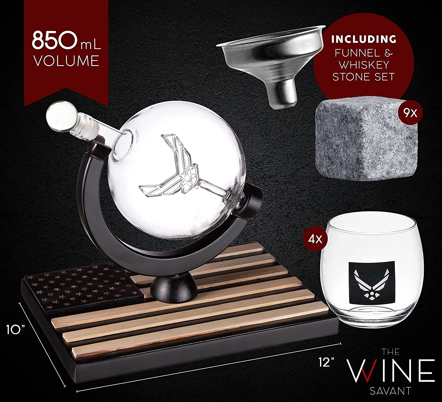 US Air Force Whiskey Decanter Set with 4 Glasses & 9 Whiskey Stones - Wooden Base Bourbon Scotch Gift for Men, Dad, Him - Perfect for Home Bars, Man Caves & Military Themed Parties