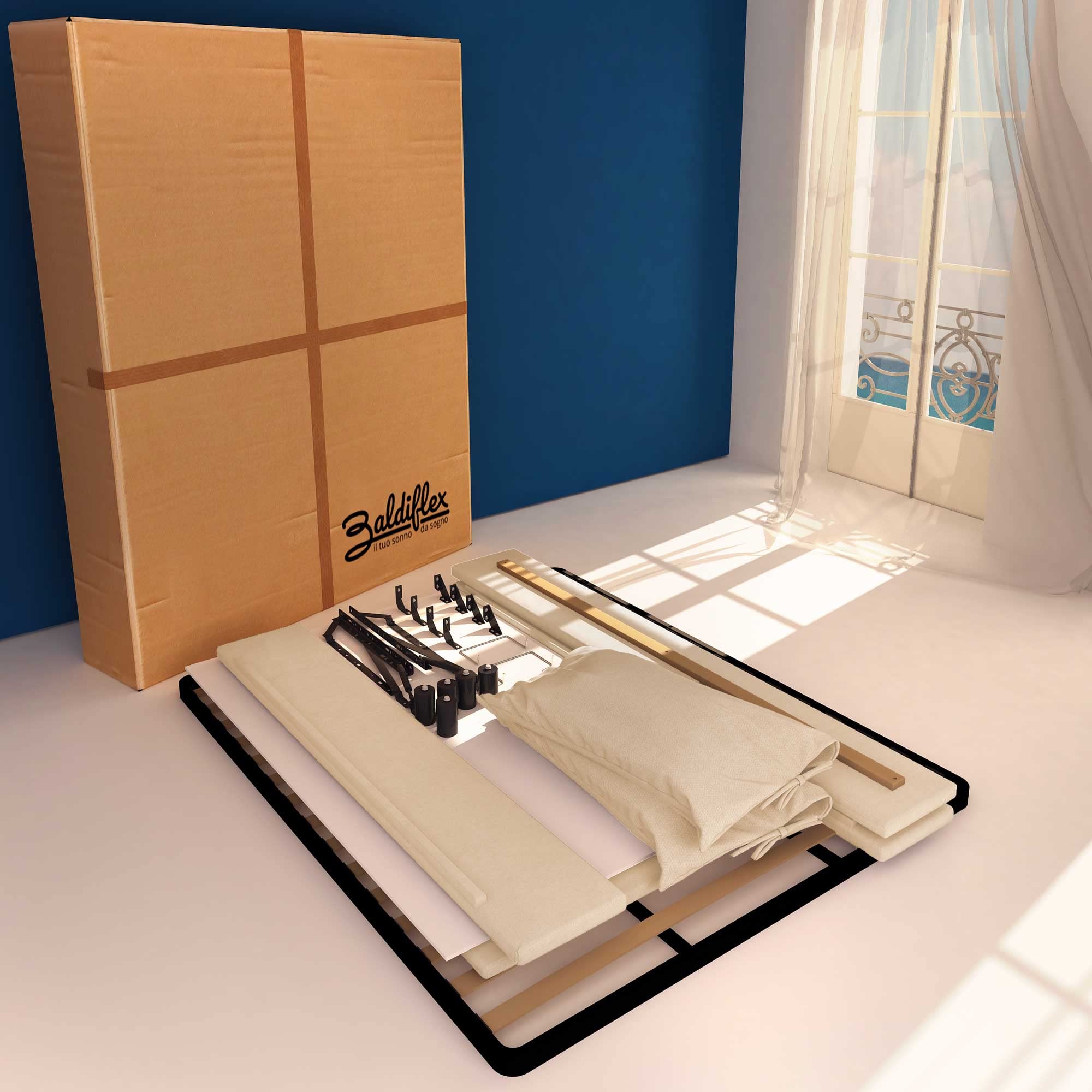 Baldiflex Licia Soft Fabric Storage Bed Frame with Slatted Base, 160x200 cm, Padded Headboard, Beige - Perfect for Guest Rooms, Small Apartments & Cozy Bedrooms