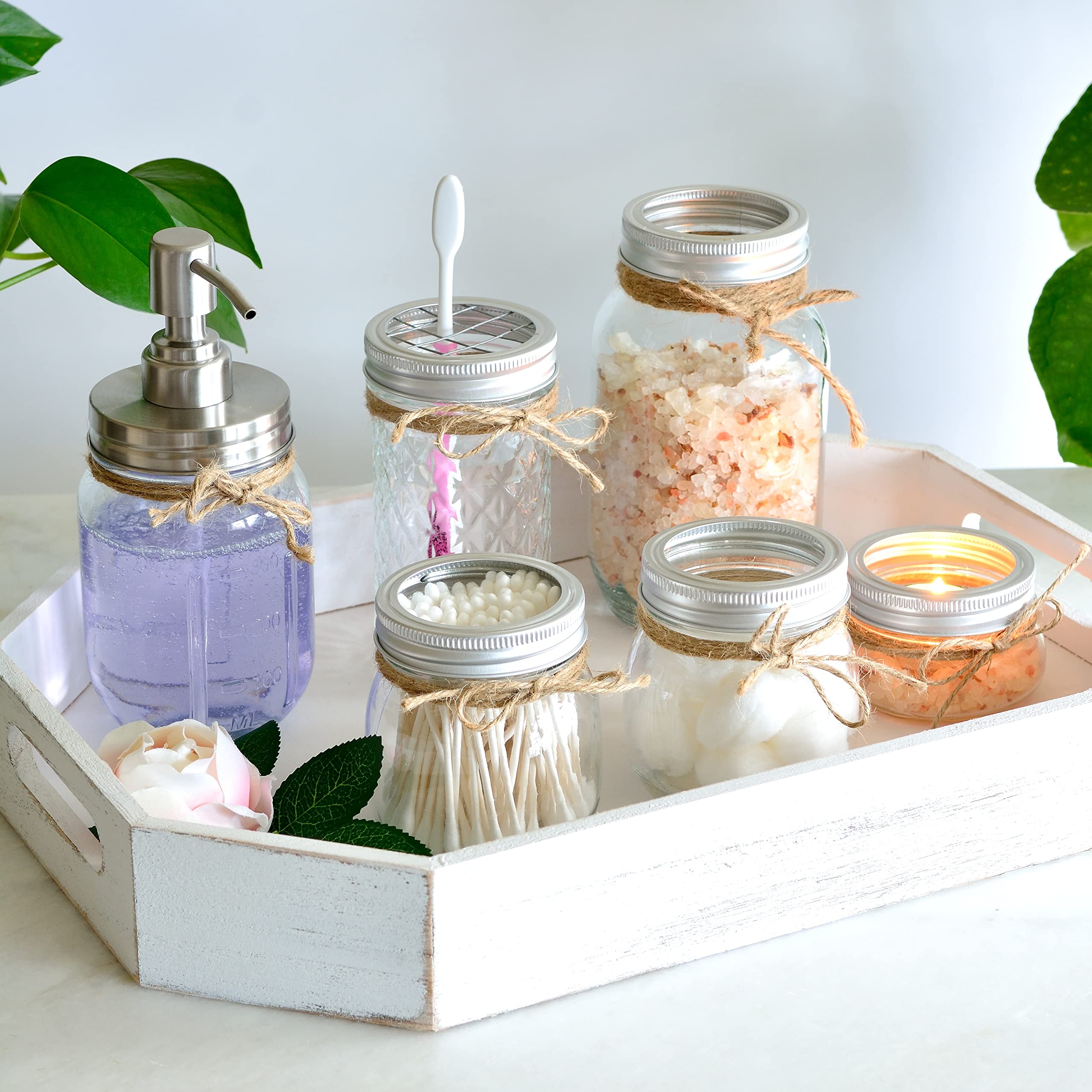Youngever 6-Piece Clear Glass Bathroom Accessories Set - Mason Jar Toothbrush Holder, Soap Dispenser & Apothecary Jars for Modern Bathroom Decor | Perfect for Home, Hotel & Spa Organization