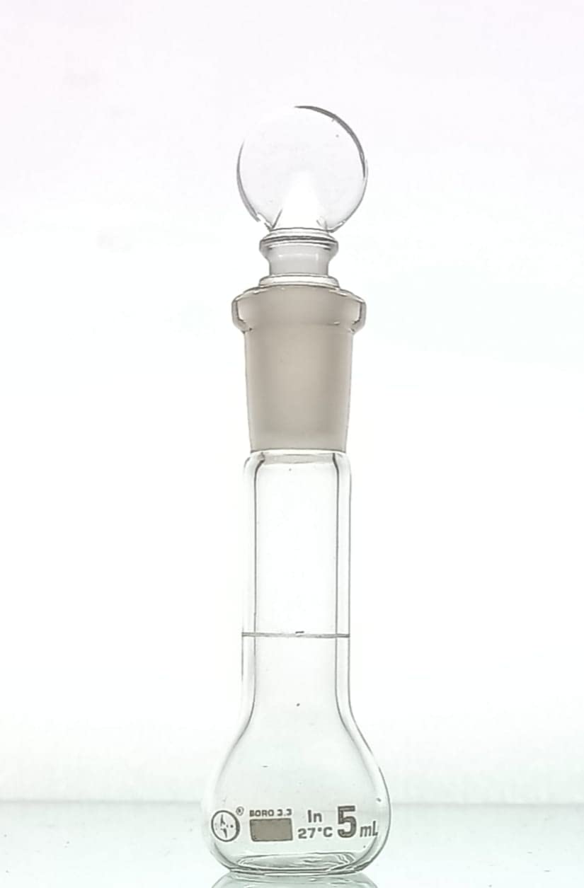 ISKO® Laboratory Volumetric Flask with Glass Stopper - 5ml Borosilicate Glass Measuring Flask for Chemistry Lab (Class B, 2mm Thickness, 10/19 Socket) - Set of 2 - Perfect for Precise Liquid Measurements in School Labs & Research Experiments