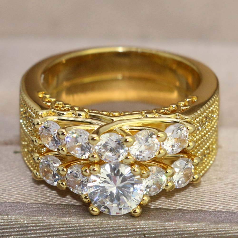 Elegant Yellow Gold Plated Bridal Ring Set for Women - Round CZ Engagement & Promise Wedding Rings | Perfect for Proposals, Anniversaries & Special Occasions