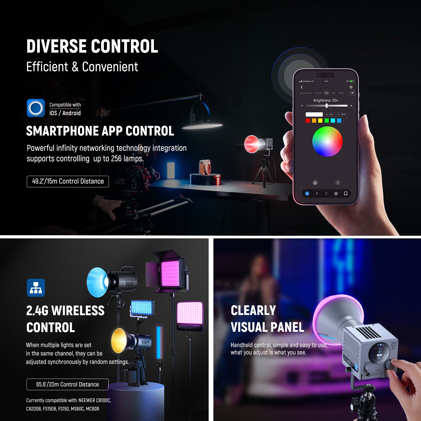 NEEWER HS60C 60W Portable RGB LED Video Light with 360° Color Adjustment - Perfect for YouTube, TikTok, Photography & Studio Lighting