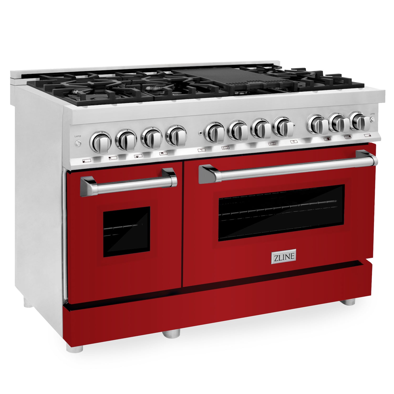 ZLINE 48-Inch 6.0 cu. ft. Dual Fuel Range with 7-Burner Gas Cooktop & 2 Electric Ovens - Stainless Steel with Red Gloss Doors (RA RG 48) for Professional Home Kitchens & Gourmet Cooking