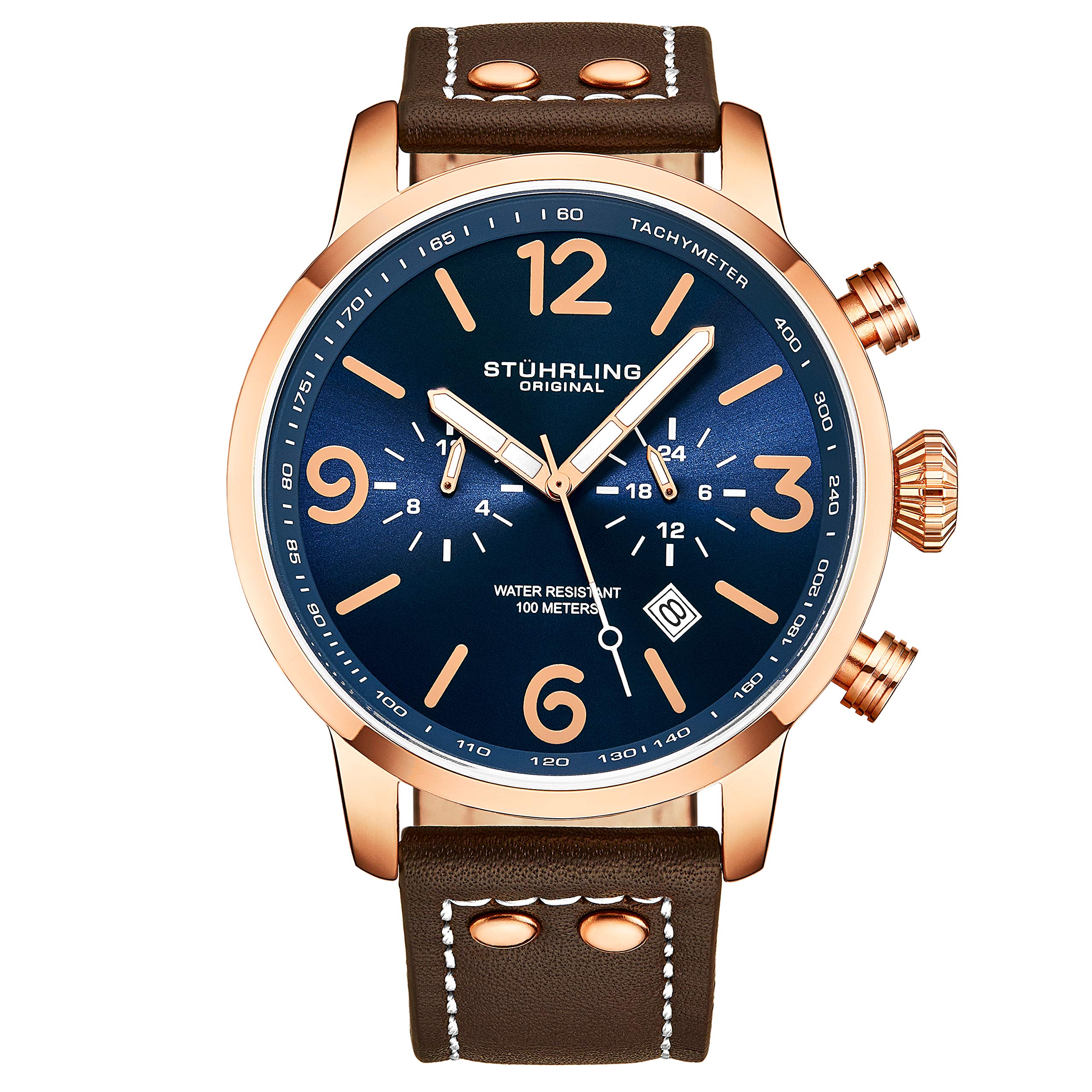 Stuhrling Original Men's Aviator Leather Dress Watch with Date, Dual Time, 24-Hour Subdial & Tachymeter - Premium Pilot Watch for Business, Formal Events & Everyday Wear