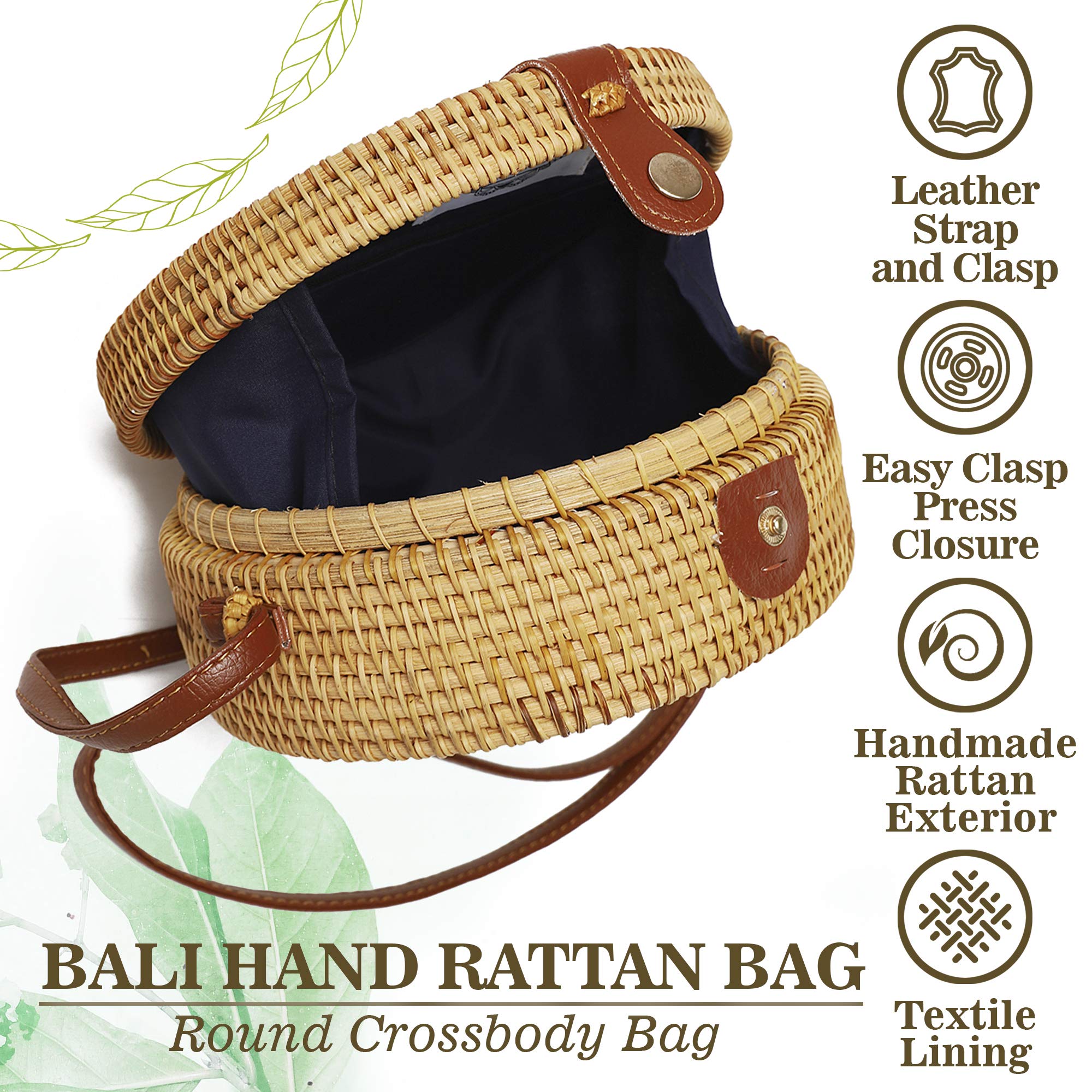 Handwoven Round Rattan Crossbody Bag for Women - Adjustable Strap Straw Handbag (Tan) | Boho Beach Tote, Summer Outing, Vacation Accessory
