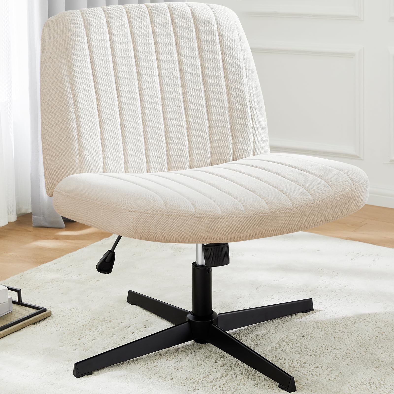 DUMOS Cross Legged Office Chair - Armless Wide Home Desk Seat No Wheels, Modern Swivel Adjustable Fabric Chair for Bedroom & Office - Perfect for Meditation, Reading & Small Space Workstations