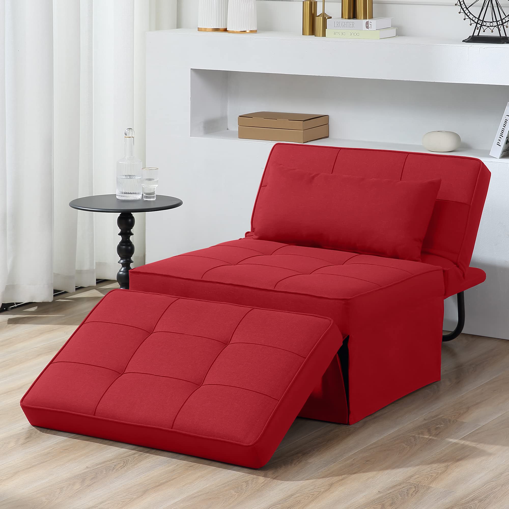 4-in-1 Multi-Functional Folding Sofa Bed with Adjustable Backrest - Convertible Ottoman Chair to Bed for Living Room, Apartment & Office - Breathable Linen Fabric in Red | Space-Saving Sleeper Solution for Small Spaces & Guest Rooms