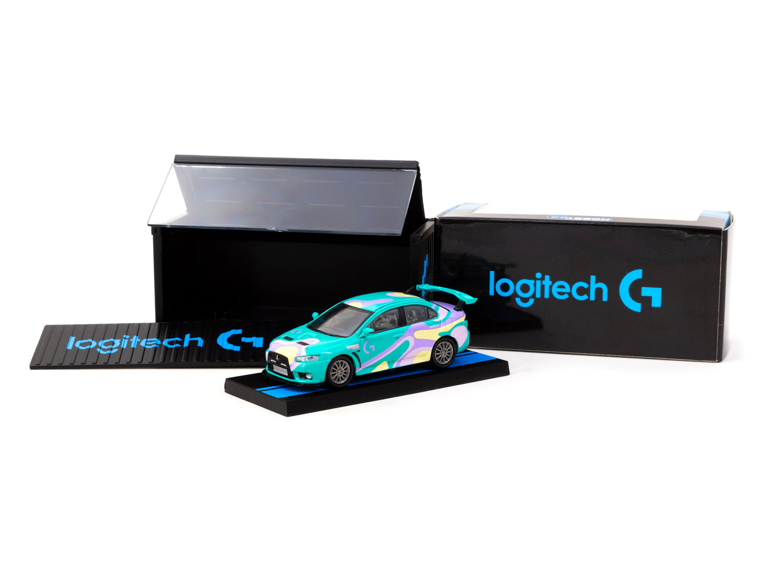 Tarmac Works 1/64 Mitsubishi Lancer Evo X Logitech G NEXT DIMENSION Diecast Model Car with Display Case - Logitech Special Edition - HOBBY64 - Perfect for Collectors, Racing Enthusiasts, and Gaming Setups
