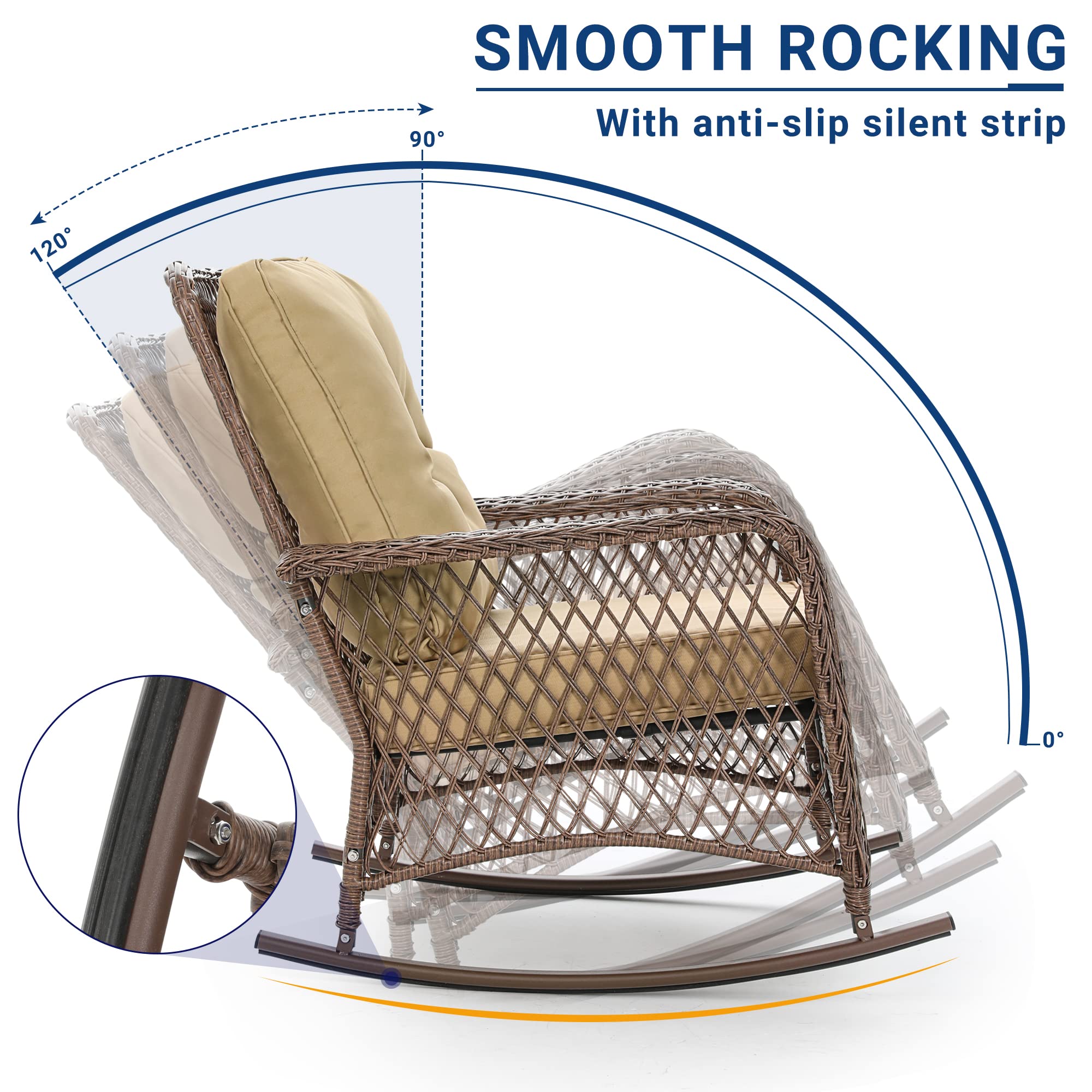 UDPATIO 3-Piece Wicker Patio Rocking Chair Set with Thick Cushions - 2 Outdoor Rockers & Side Table - Brown/Khaki - Perfect for Backyard, Porch, Balcony, Poolside Relaxation & Entertaining