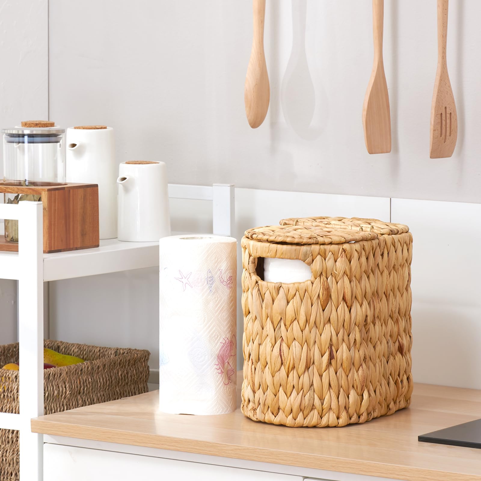 ELONG HOME Water Hyacinth Wicker Toilet Paper Holder with Lid - Bathroom Tissue Storage Basket for 4 Rolls | Stylish & Functional Bathroom Organizer for Home, Apartment, or Office