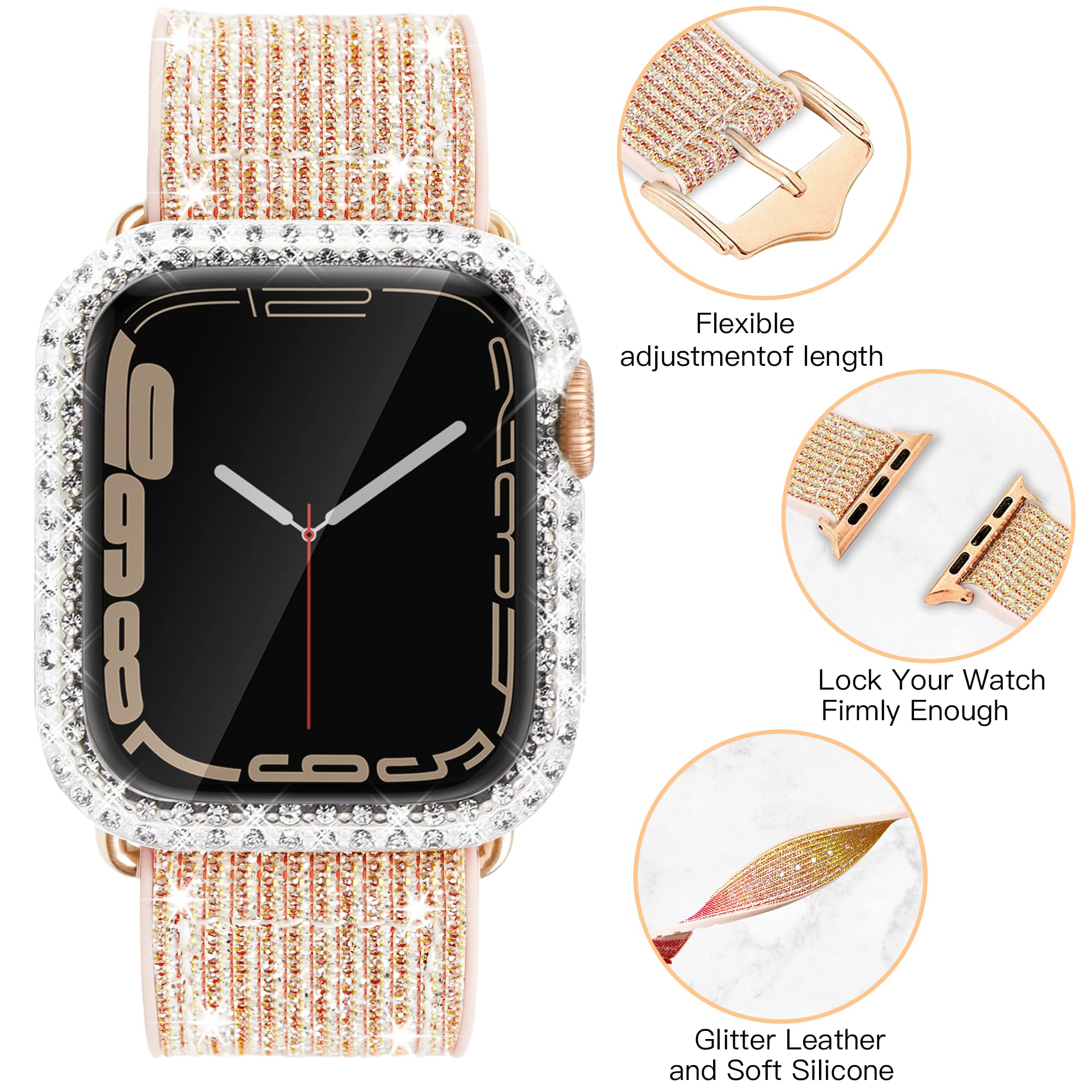 Sparkle Silicone Apple Watch Band 40mm 44mm 41mm 45mm Compatible with iWatch Series 9/8/7/6/SE/5/4 - Shiny Glitter Leather Bracelet for Women | Elegant, Sporty & Comfortable | Perfect for Workouts, Office Wear & Everyday Fashion