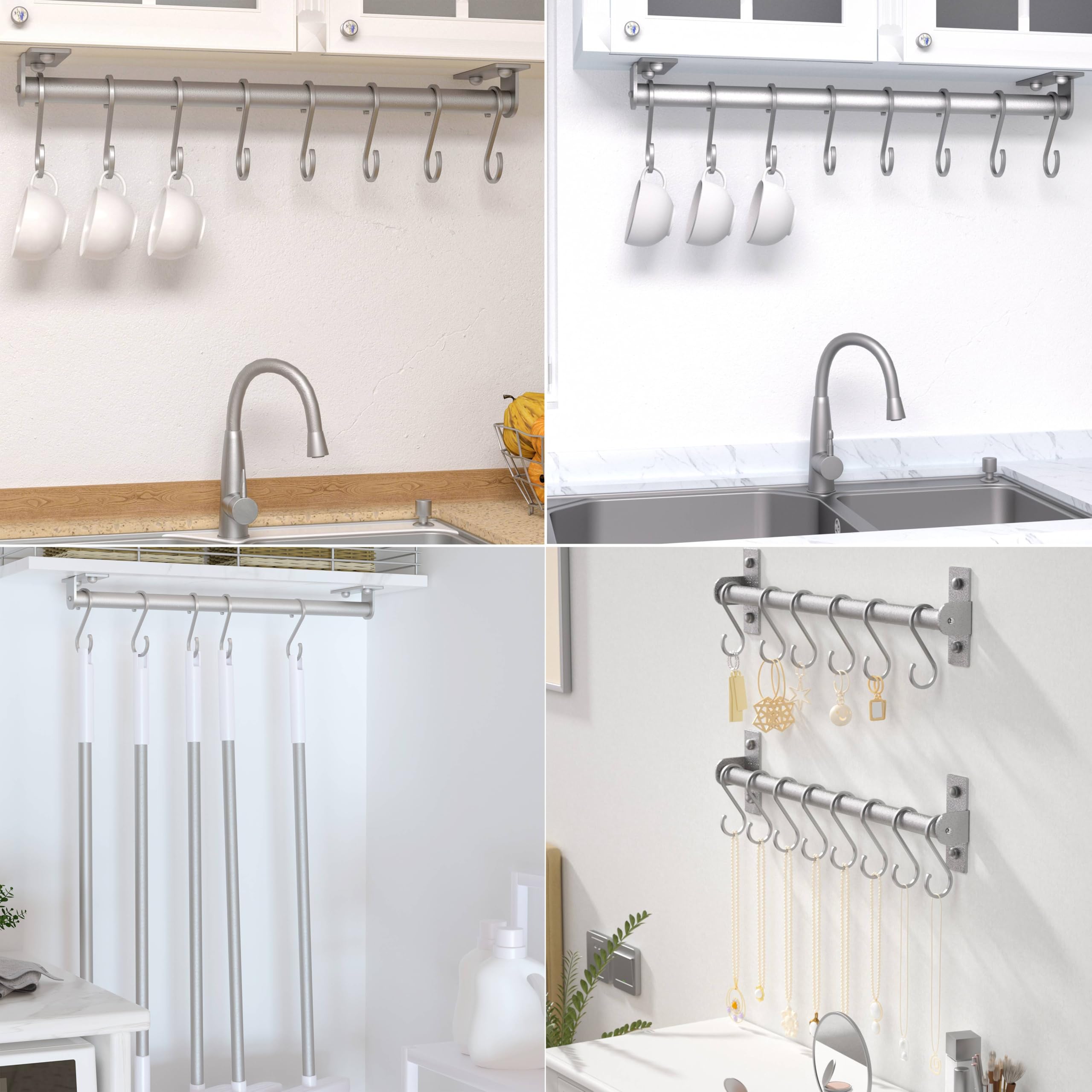 Stainless Steel Wall Mounted Kitchen Utensil Holder with 8 Hooks - Pot & Pan Rack Organizer for Spoons, Mugs & Cooking Tools | Space-Saving Storage for Small Kitchens & RV Camping