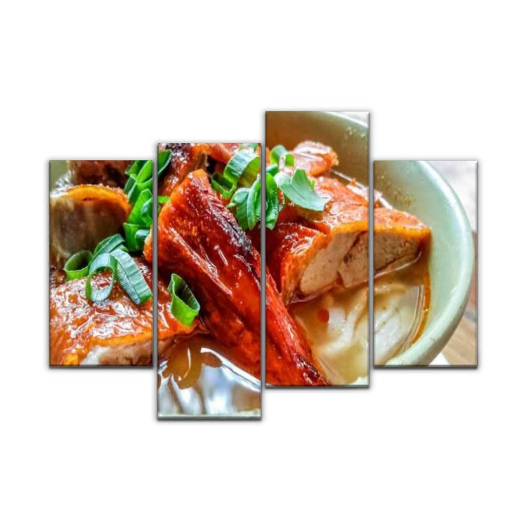 Modern Chinese Style Roast Duck Soup Rice Noodle Wall Art Canvas - 4 Panel Stretched Framed Painting for Living Room, Office & Home Decor | Perfect Gift for Food Lovers & Asian Cuisine Enthusiasts | Ideal for Dining Room, Kitchen Decor or Restaurant Wall Art