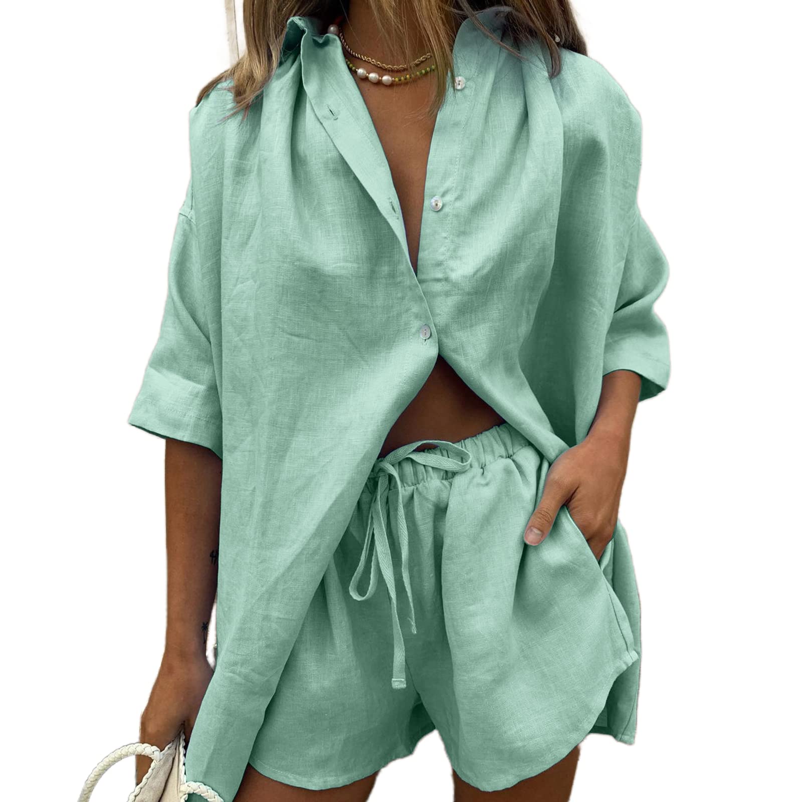 Women's Cotton Linen Two-Piece Pajama Set - 1/2 Sleeve Button Top & Shorts - Lounge, Beach & Sleepwear Outfit - Comfortable Tracksuit for Home, Vacation & Relaxation