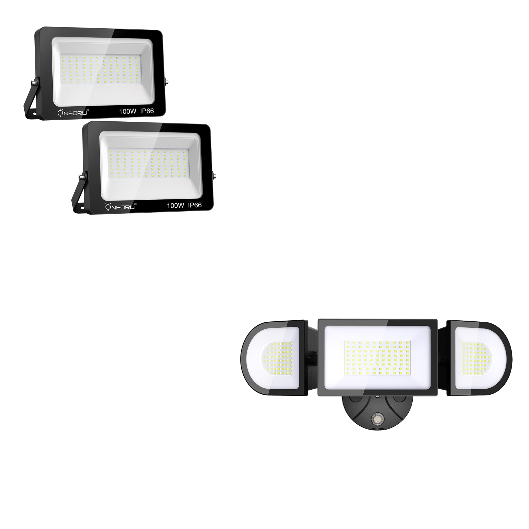 Onforu 2 Pack 100W LED Flood Light & 100W LED Dusk to Dawn Security Lights - 8900LM & 9000LM High Brightness, 6500K Daylight White, IP65 Waterproof Outdoor Floodlights for Garage, Patio, Yard, Playground, Warehouse & Driveway Lighting