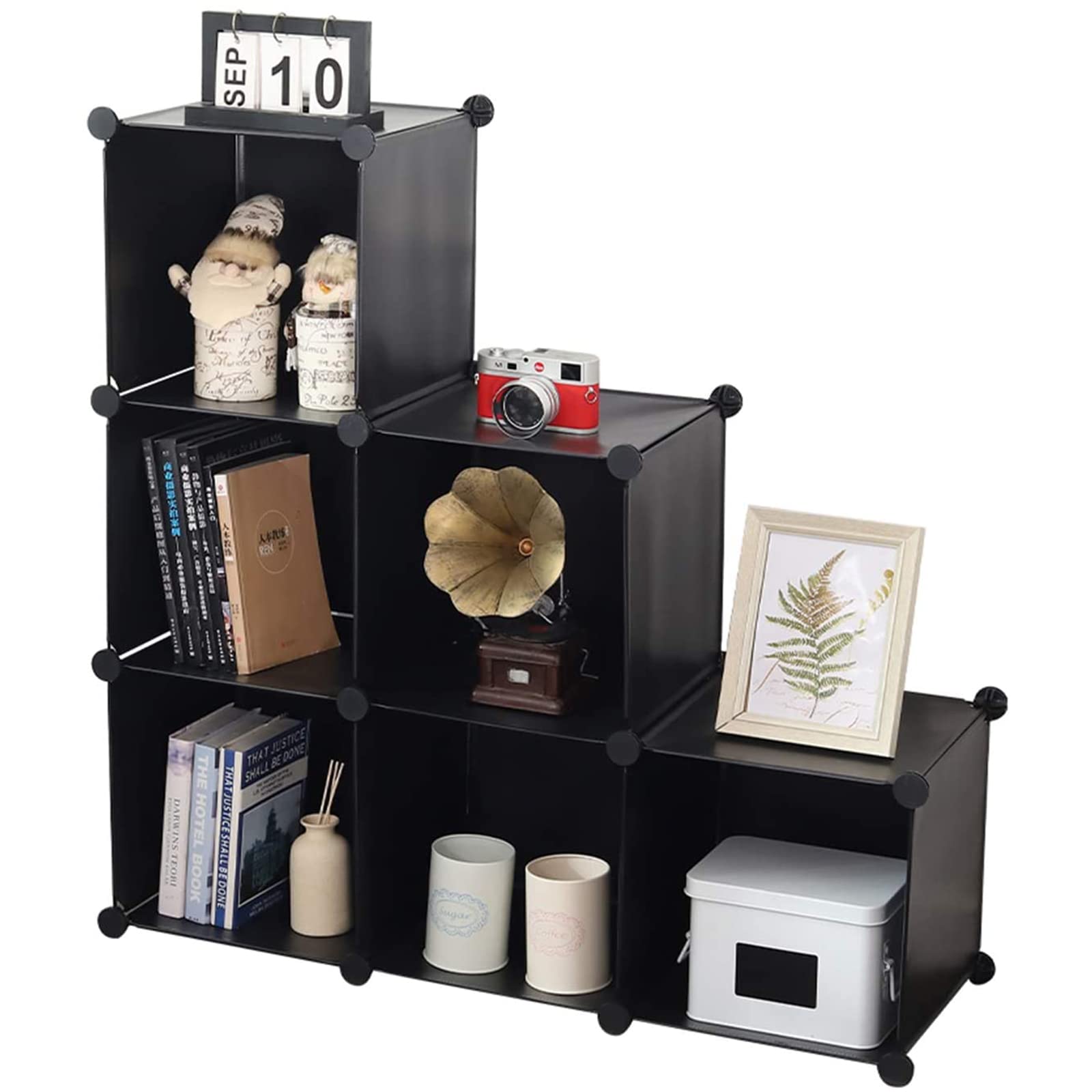 YCOCO 6-Cube Storage Organizer with Wooden Mallet | Closet Cabinet Bookshelf | Plastic Square Cube Storage for Home, Office & Kids Room | Black | Perfect for Organizing Clothes, Toys & Books in Bedroom, Nursery or Playroom