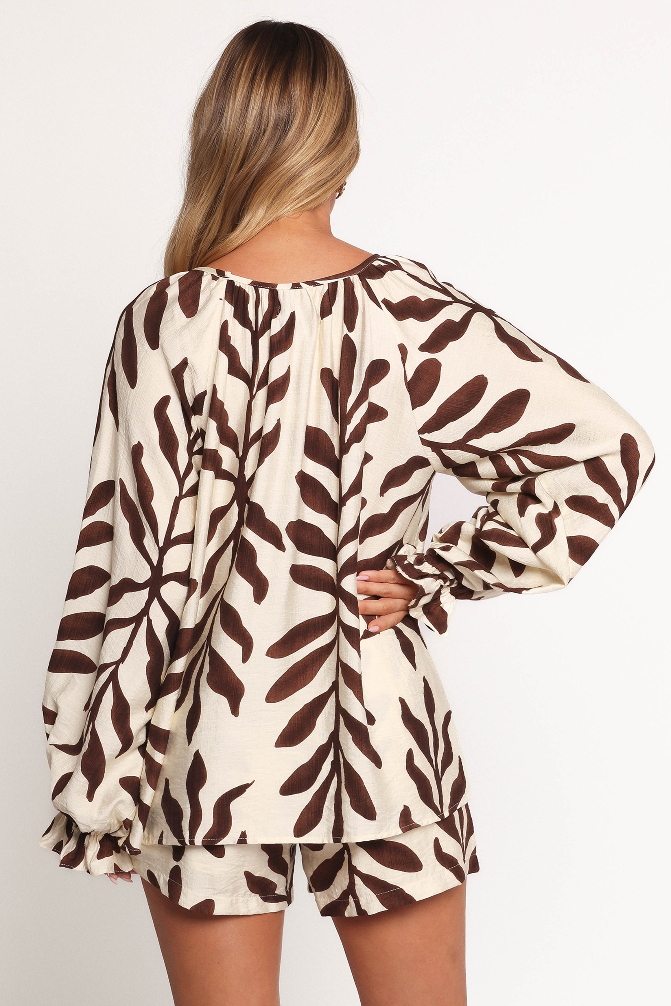 July Women's Long Sleeve Smock Top - Brown Palm Print Boho Blouse for Casual Wear, Work & Fall Outfits