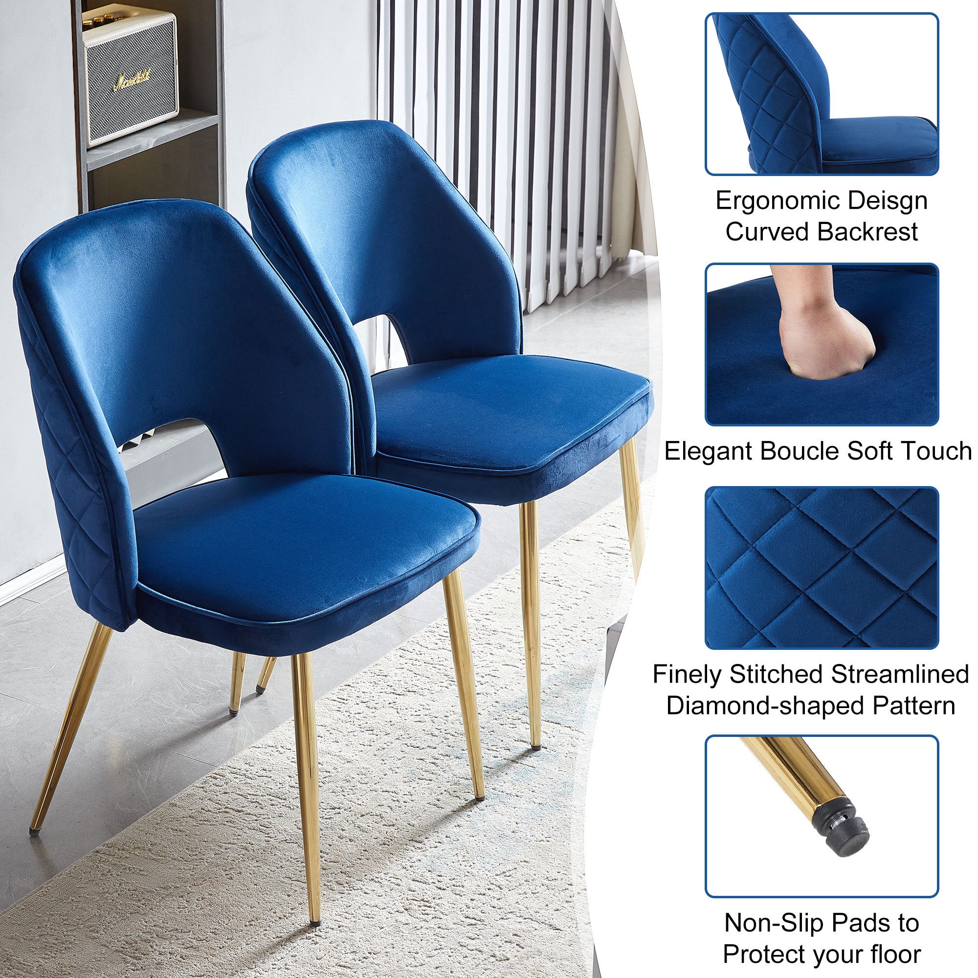 Blue Velvet Dining Chairs Set of 4 - Modern Upholstered Chairs with Metal Legs & Hollow Back Design for Dining Room, Kitchen, or Home Decor