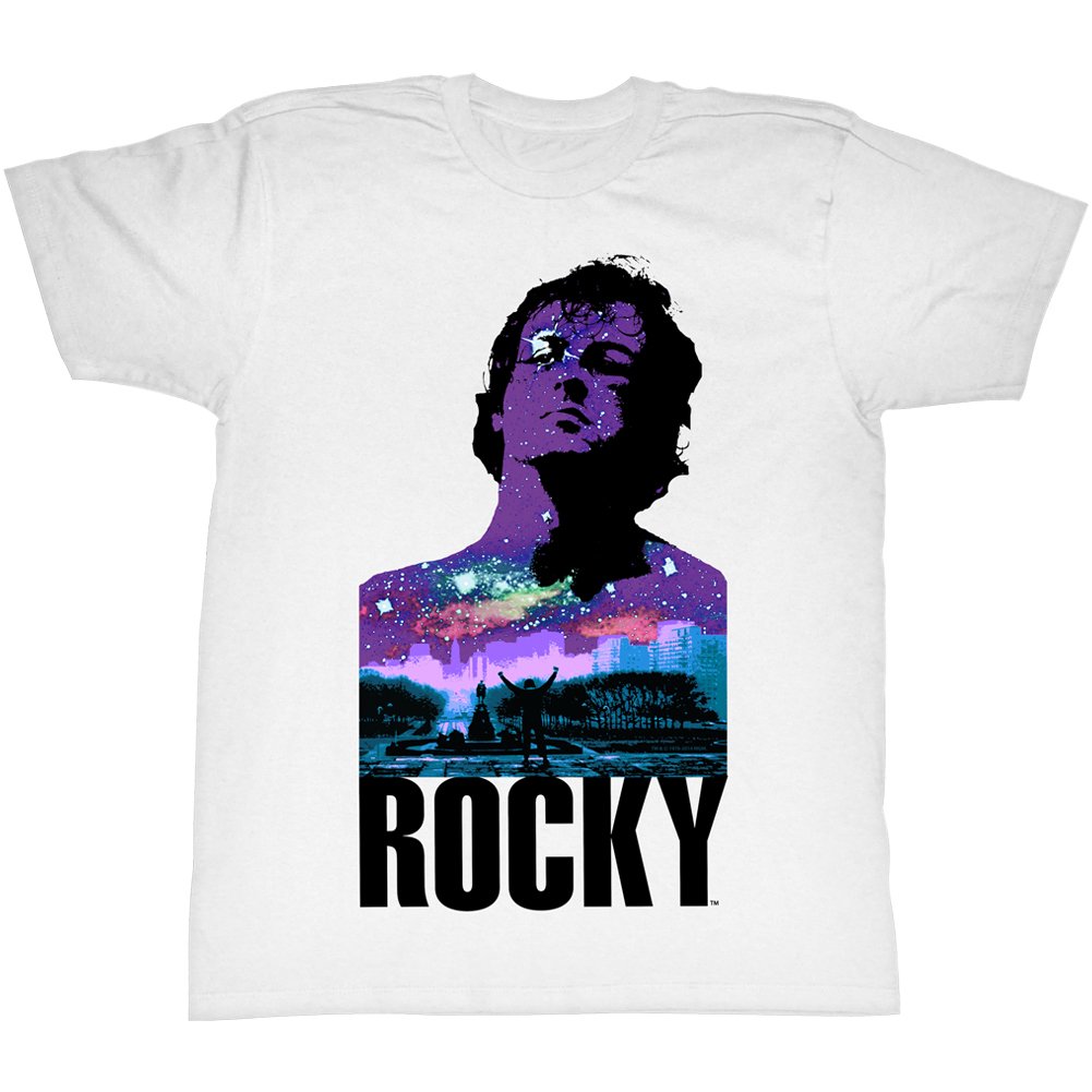 Rocky Tall T-Shirt - Top of Stairs Galaxy Portrait White Tee for Men | Vintage Movie Inspired Graphic Tee | Perfect for Casual Wear, Movie Nights & Fan Gifts