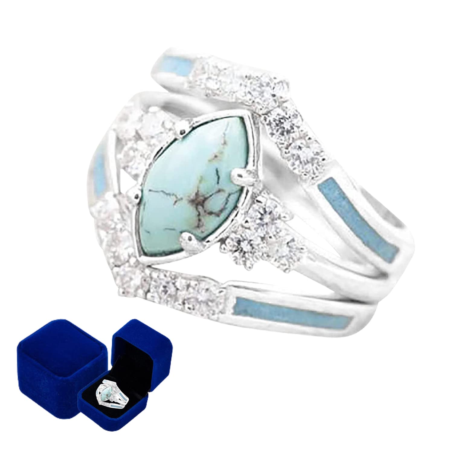 Sterling Silver Natural Turquoise & Diamond Ring Set for Women - 3PCS Stackable Gemstone Rings with Sapphire & Emerald - Elegant Jewelry Gift for Anniversary, Birthday, or Daily Wear (Silver, Size 7)