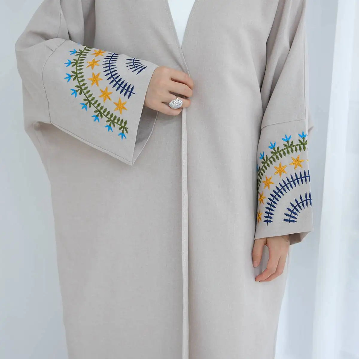 Elegant Colorful Embroidery Cuff Cardigan Open Abaya Dress for Women - Boho Chic Muslim Fashion for Prayer, Home & Special Occasions