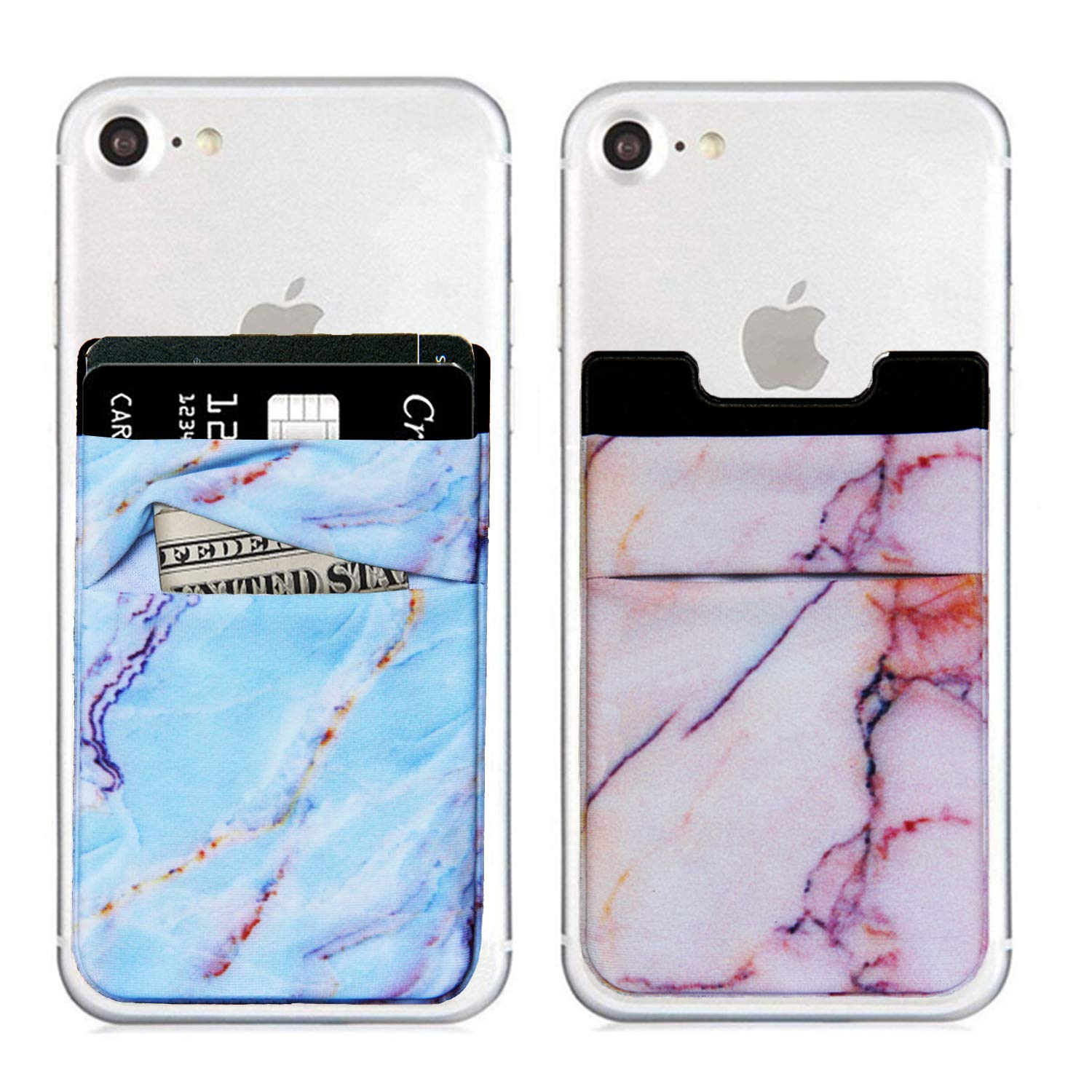 MUMUGUO Marble Phone Wallet Card Holder - Adhesive Sticker Pocket for iPhone, Android & All Smartphones (2 Pack, Blue & Pink) - Perfect for Hands-Free Shopping, Commuting & Travel Accessories