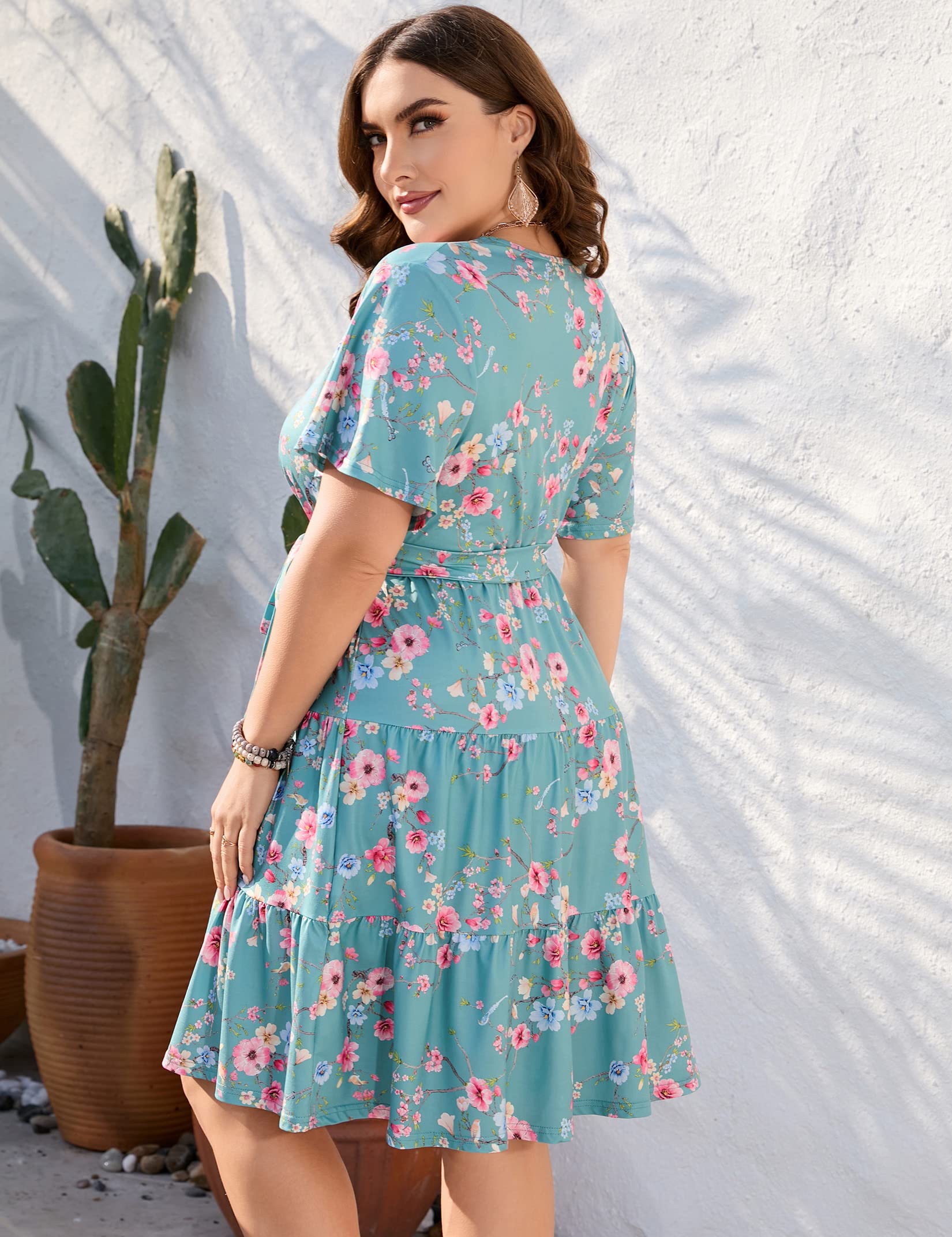 KOJOOIN Women's Plus Size V-Neck Wrap Dress - High Waisted Short Sleeve Summer Casual Midi Dress with Belt | Perfect for Beach Vacations, Date Nights & Office Wear