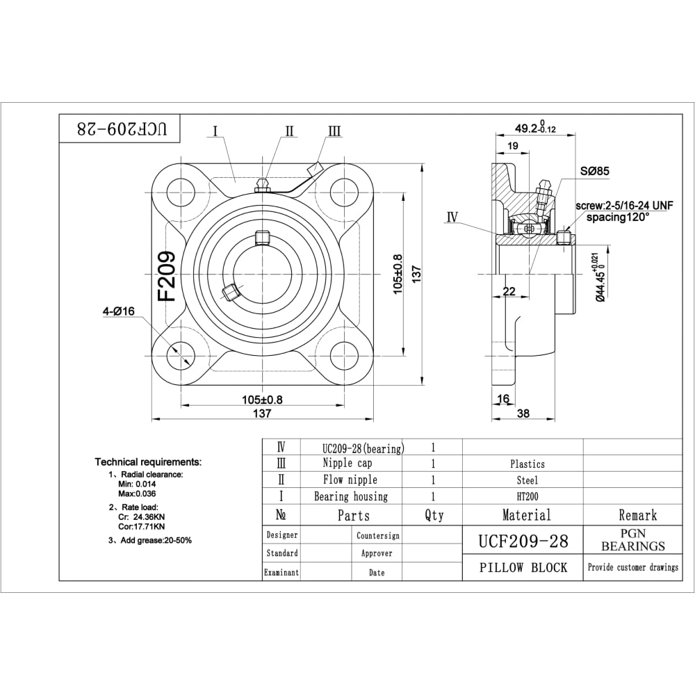 PGN UCF209-28 Pillow Block Bearing - 10 Pack Square Flange Mounted Bearings - 1 3/4