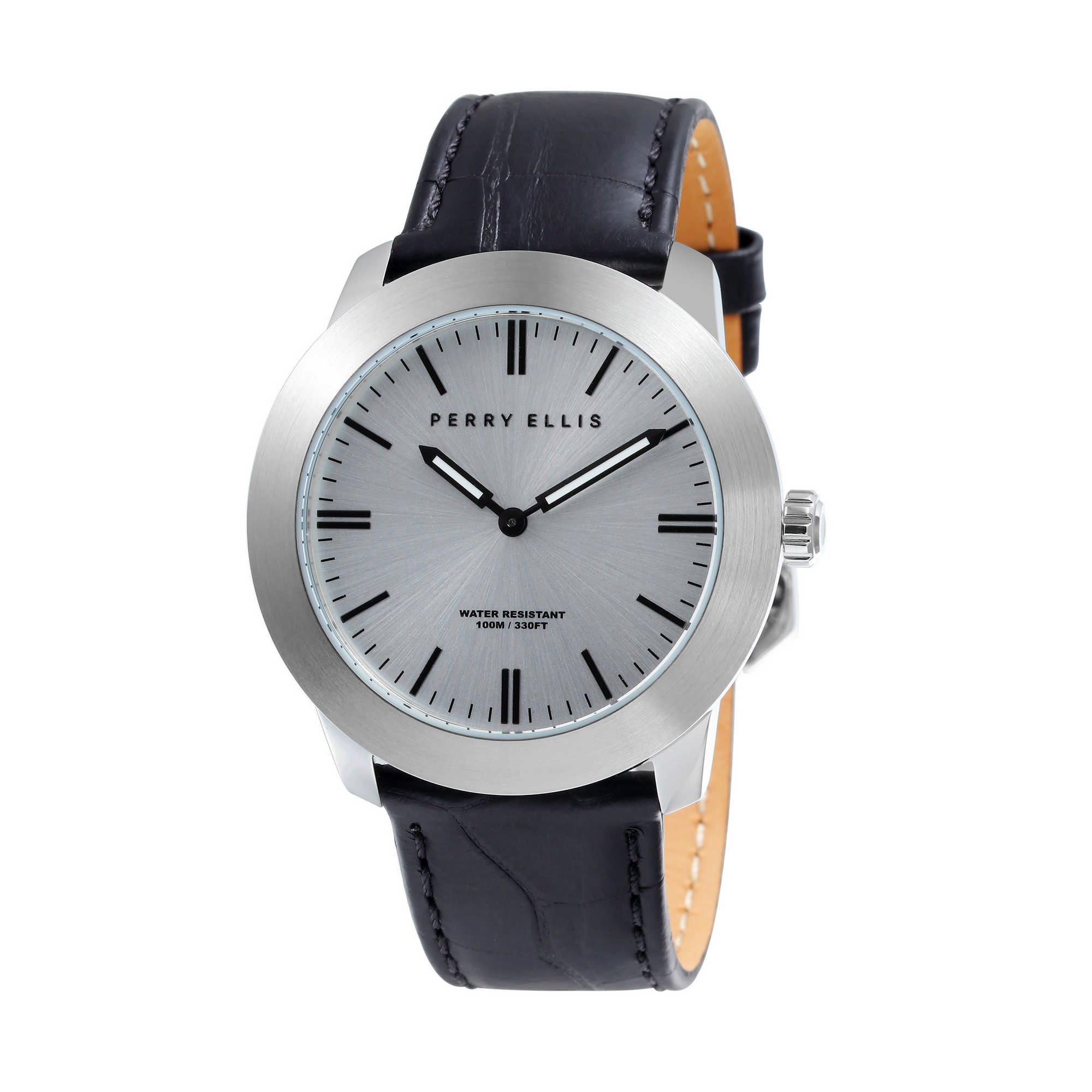 Perry Ellis Men's Slim Analog Quartz Watch with Genuine Leather Band - Waterproof Dress Watch for Business, Office & Formal Occasions