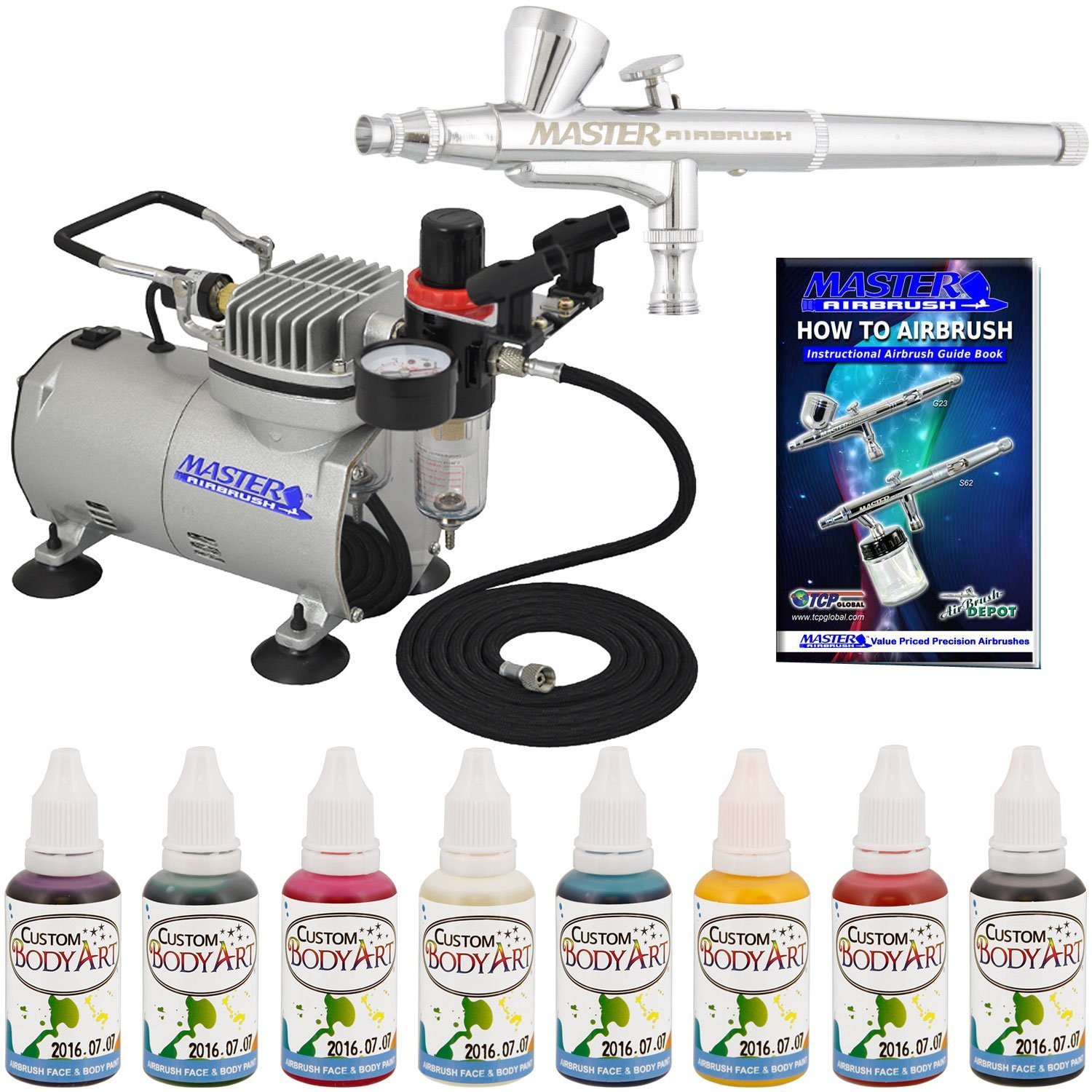 Master Airbrush Kit with 8 Water-Based Face & Body Paint Set, Cool Runner II Dual Fan Compressor & Pro Gravity Airbrush - Washable Temporary Tattoos for Halloween, Cosplay & Body Art | Complete Airbrushing System with Hose & How-To Guide