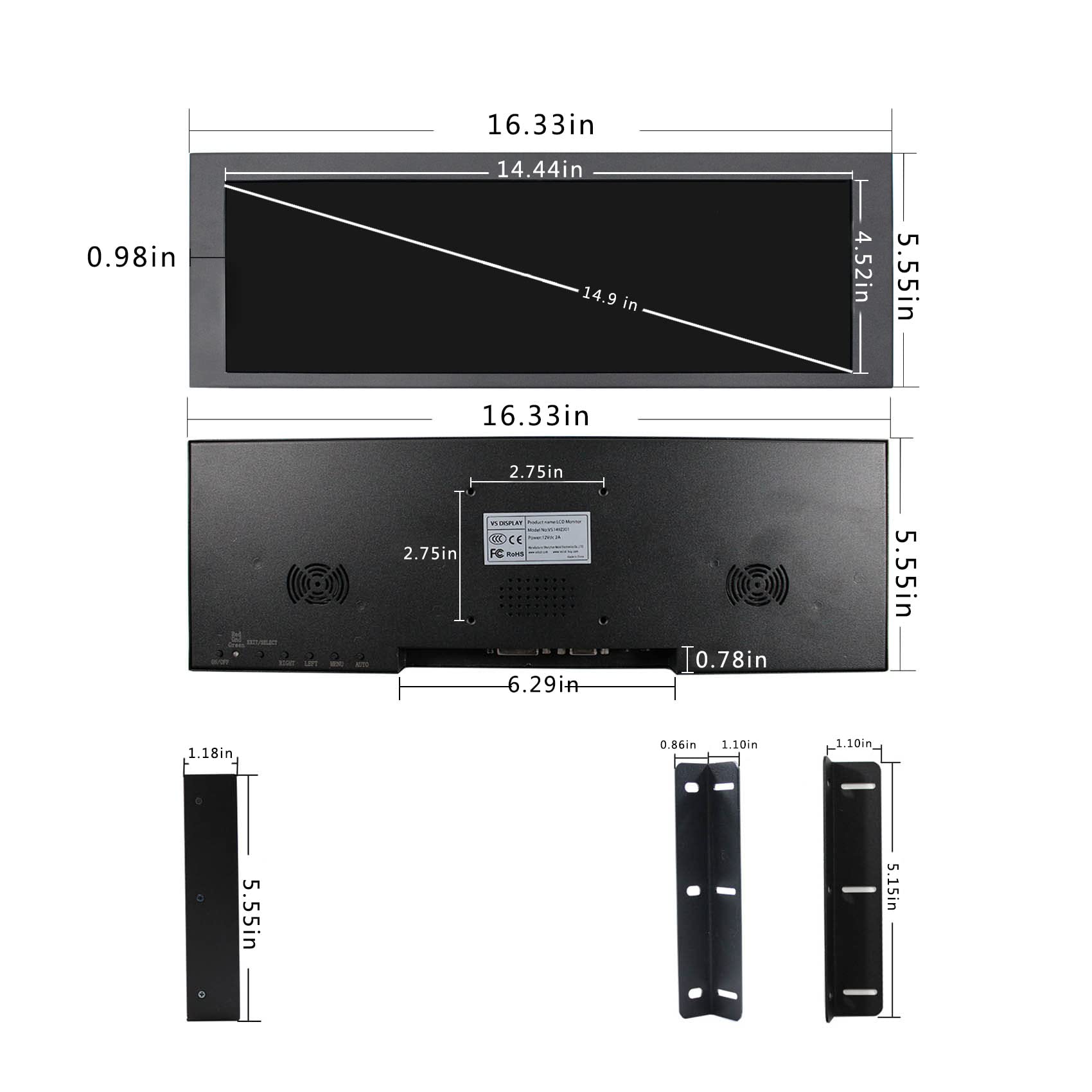 VSDISPLAY 14.9 Inch 1280x390 LCD Bar Display Monitor with LTA149B780F Screen & HDMI/DVI/VGA Inputs - Ideal for Digital Signage, Advertising, and Information Displays in Retail Stores, Restaurants, and Public Spaces