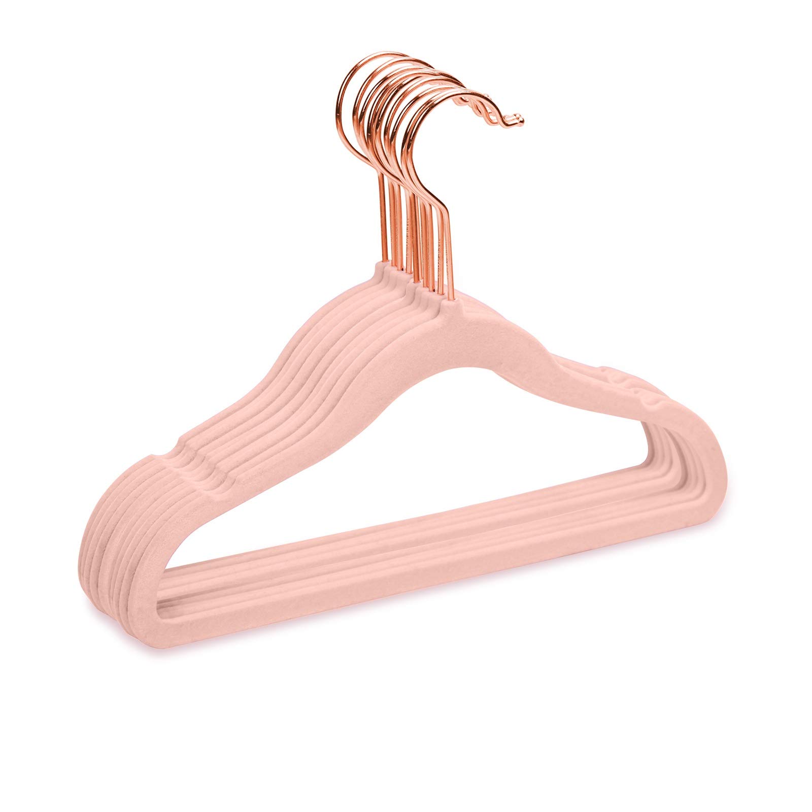 MIZGI Premium Kids Velvet Hangers - 50 Pack with Copper/Rose Gold Hooks, Ultra Thin Space Saving Non-Slip Closet Organizers for Baby Clothes, Dresses, Skirts & Pants (Blush Pink) - Perfect for Nursery, Kids Room & Travel Wardrobe Organization