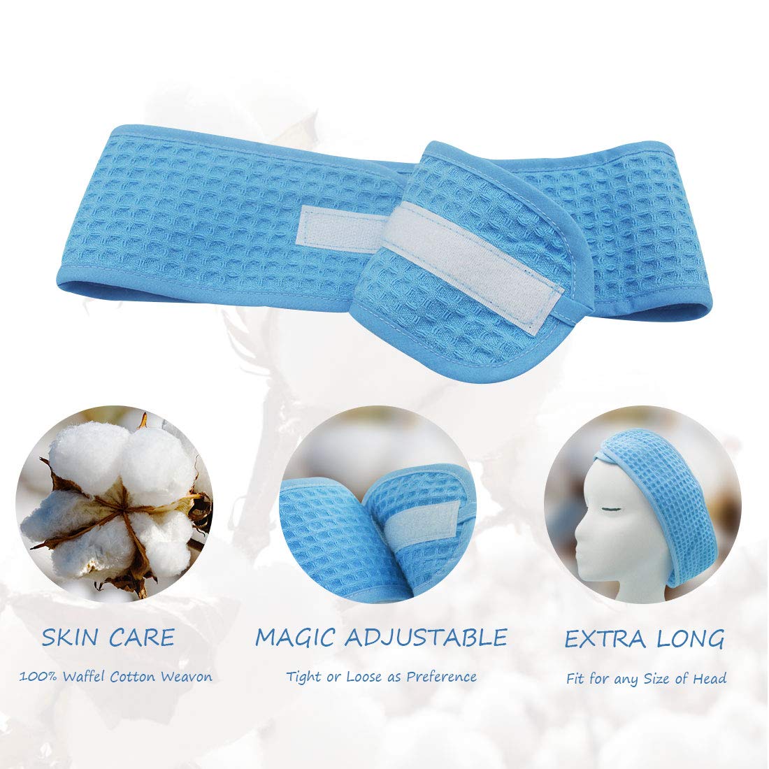 3 Pack Adjustable Terry Waffle Spa Headbands - Sweat Absorbent Hair Bands with Magic Tape for Women & Men - Perfect for Makeup, Washing Face, Shower, Yoga, Gym & Sports - Soft & Comfortable Blue Head Wrap for Daily Use
