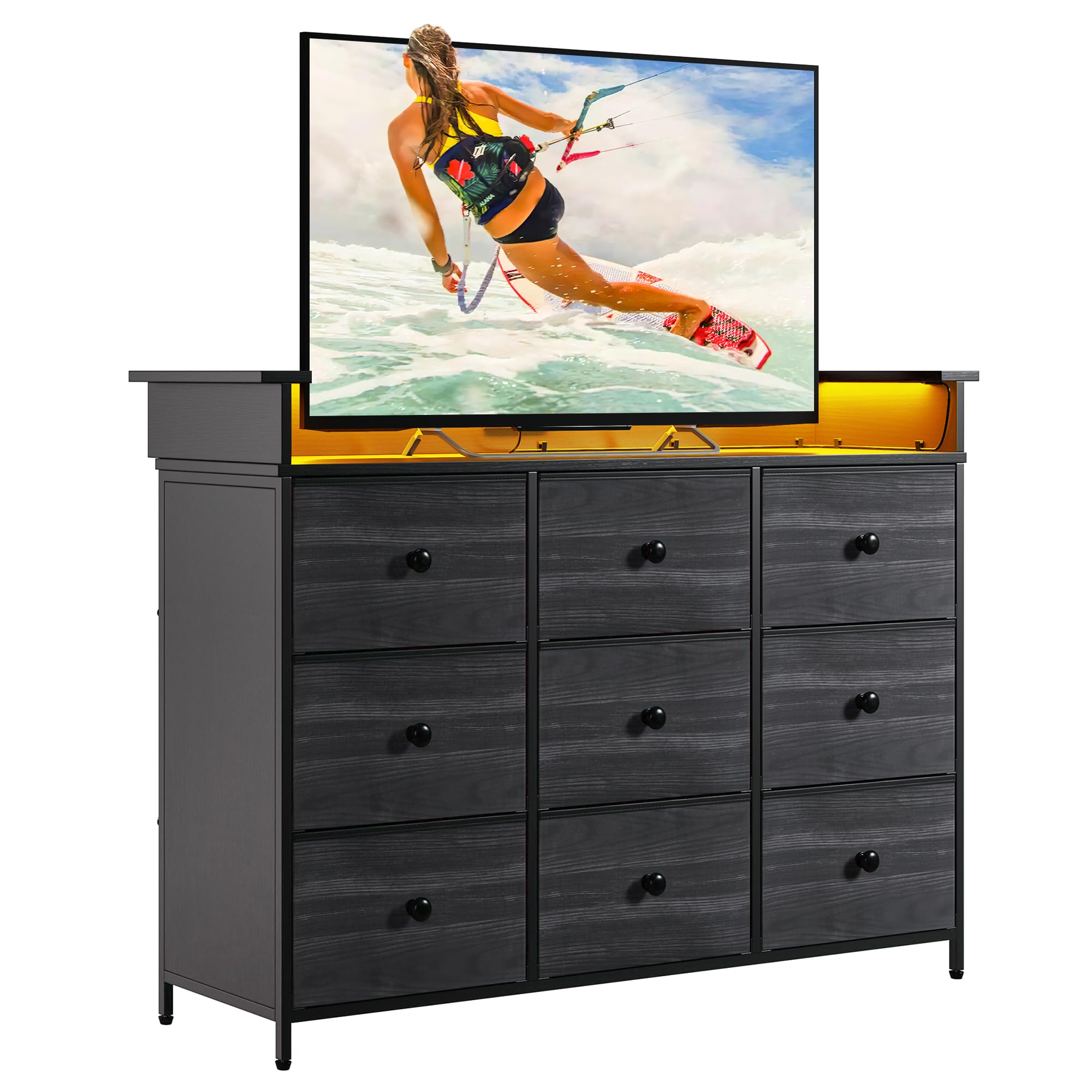 Nicehill 9-Drawer Dresser with LED Lights - Modern Black Wood Grain Fabric Chest for Bedroom, Living Room, TV Stand or Hallway Entryway Storage - Perfect for Organizing Clothes, Electronics & Home Decor
