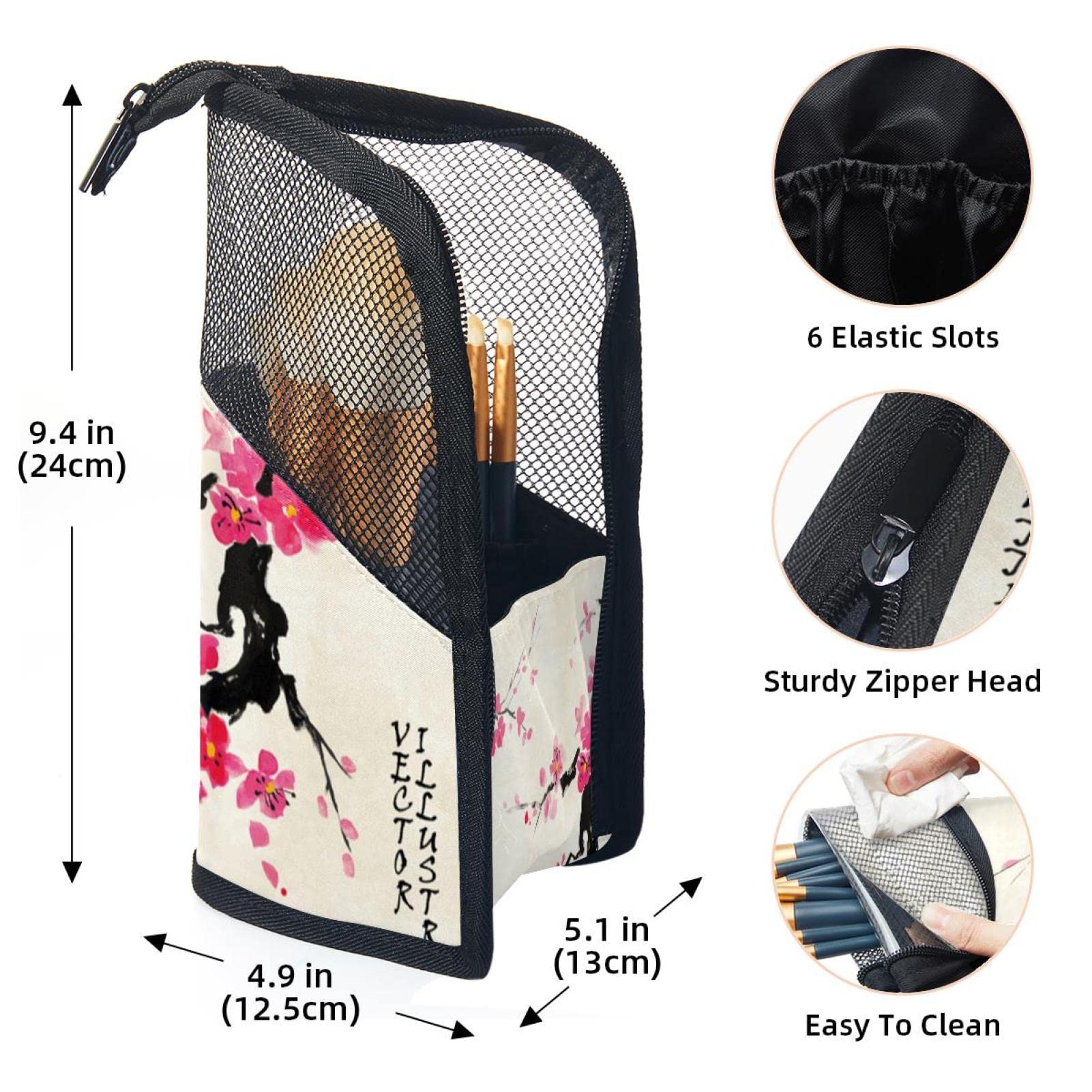 12-Piece Makeup Brush Organizer Bag with Traditional Japanese Cherry Blossom Design - Portable Cosmetic Brush Holder Case for Travel & Home Storage