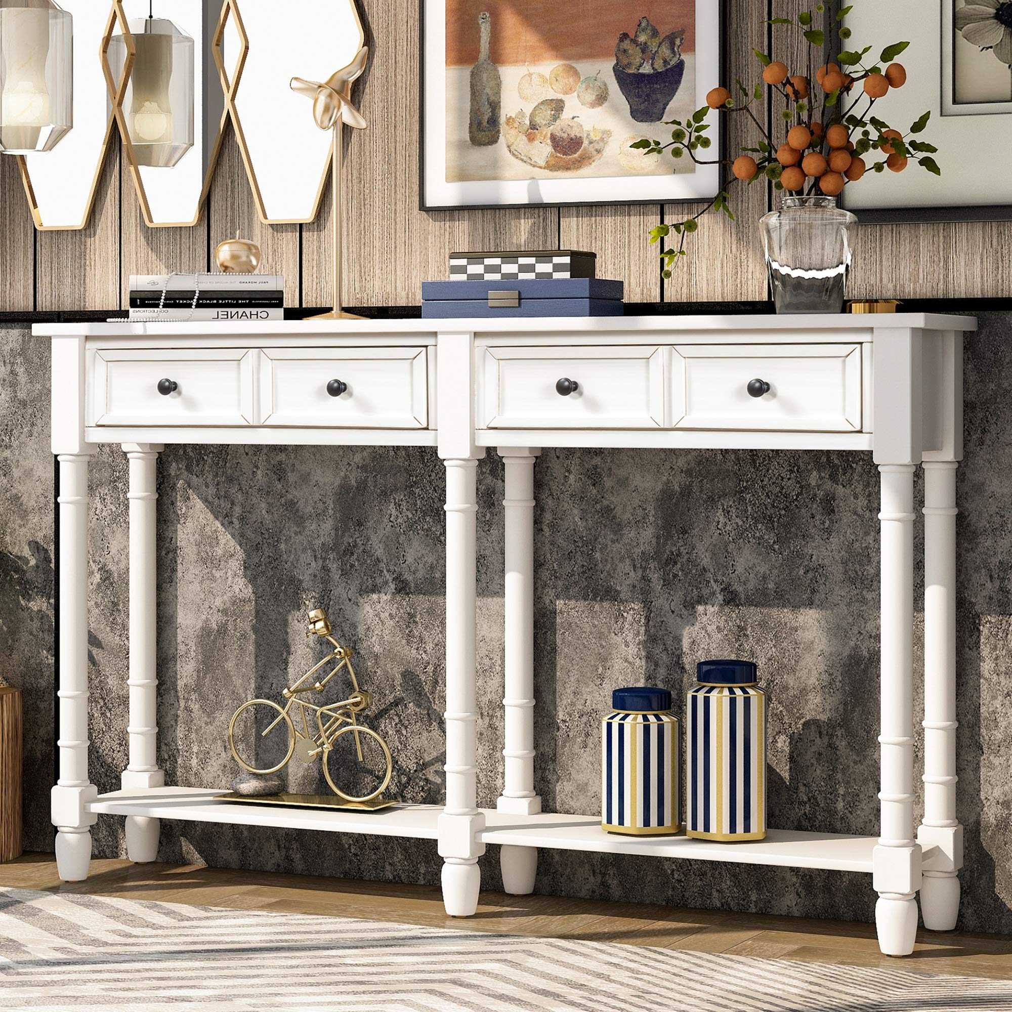 Vintage Console Table with Drawers & Shelf - Entryway Sofa Table for Living Room, Hallway & Bedroom - Ivory White Farmhouse Style Furniture for Home Decor