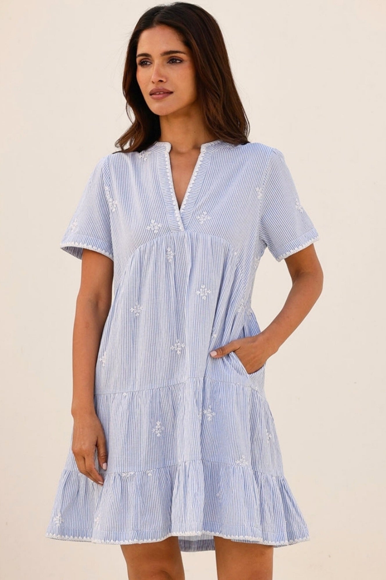 India Embroidered Organic Cotton Dress | Stripe Blue/White | Boho Chic Summer Dress for Women | Perfect for Beach Vacations & Casual Outings