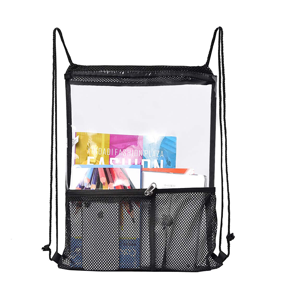 MAY TREE Clear Drawstring Backpack for Women & Men - Waterproof Stadium Approved Concert Bag with 2 Front Pockets - Perfect for Sports, Festivals, Travel & Work - Black