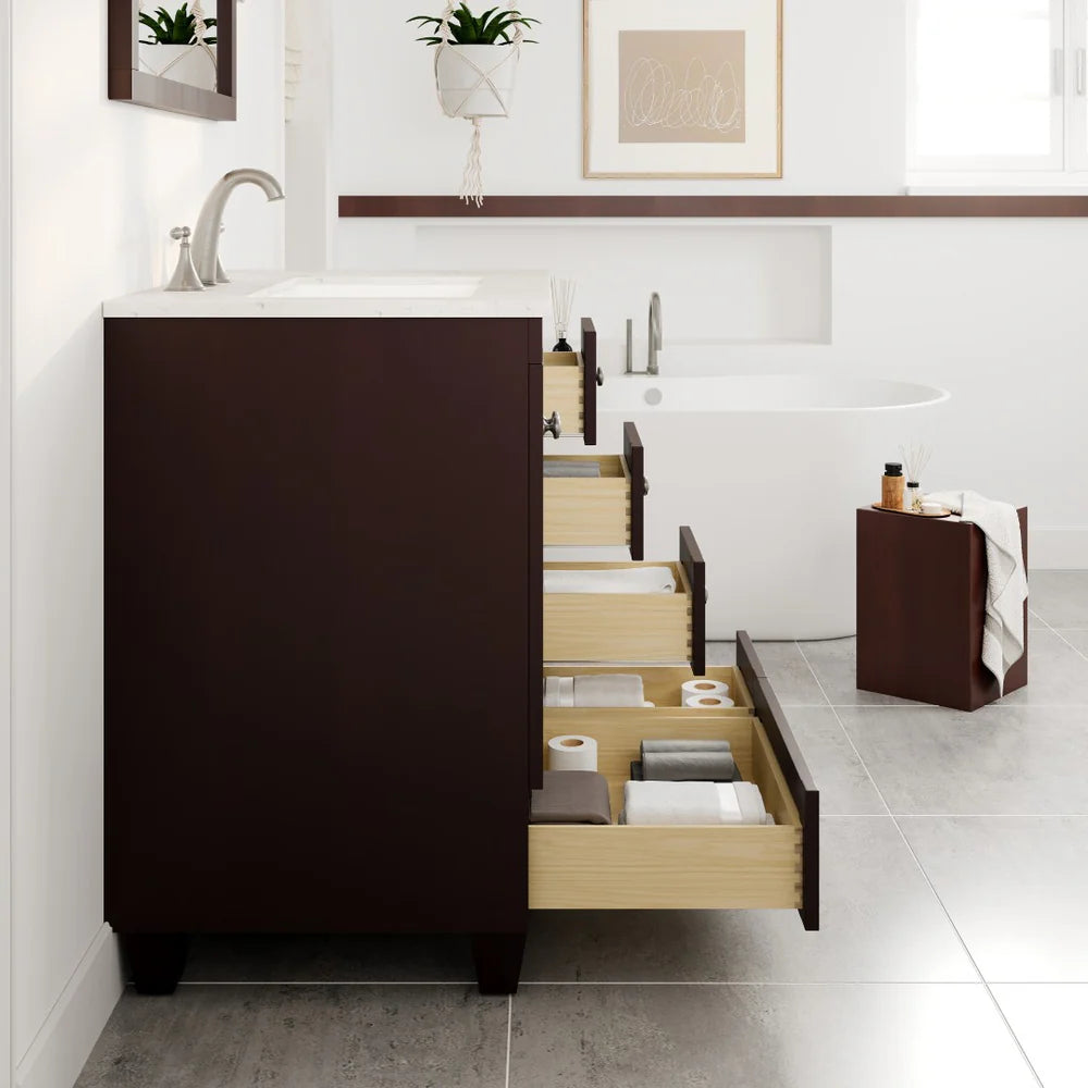Eviva Acclaim 30 Inch Bathroom Vanity with Carrara Quartz Countertop - Modern White Bathroom Sink Cabinet for Small Spaces, Perfect for Powder Rooms and Guest Bathrooms