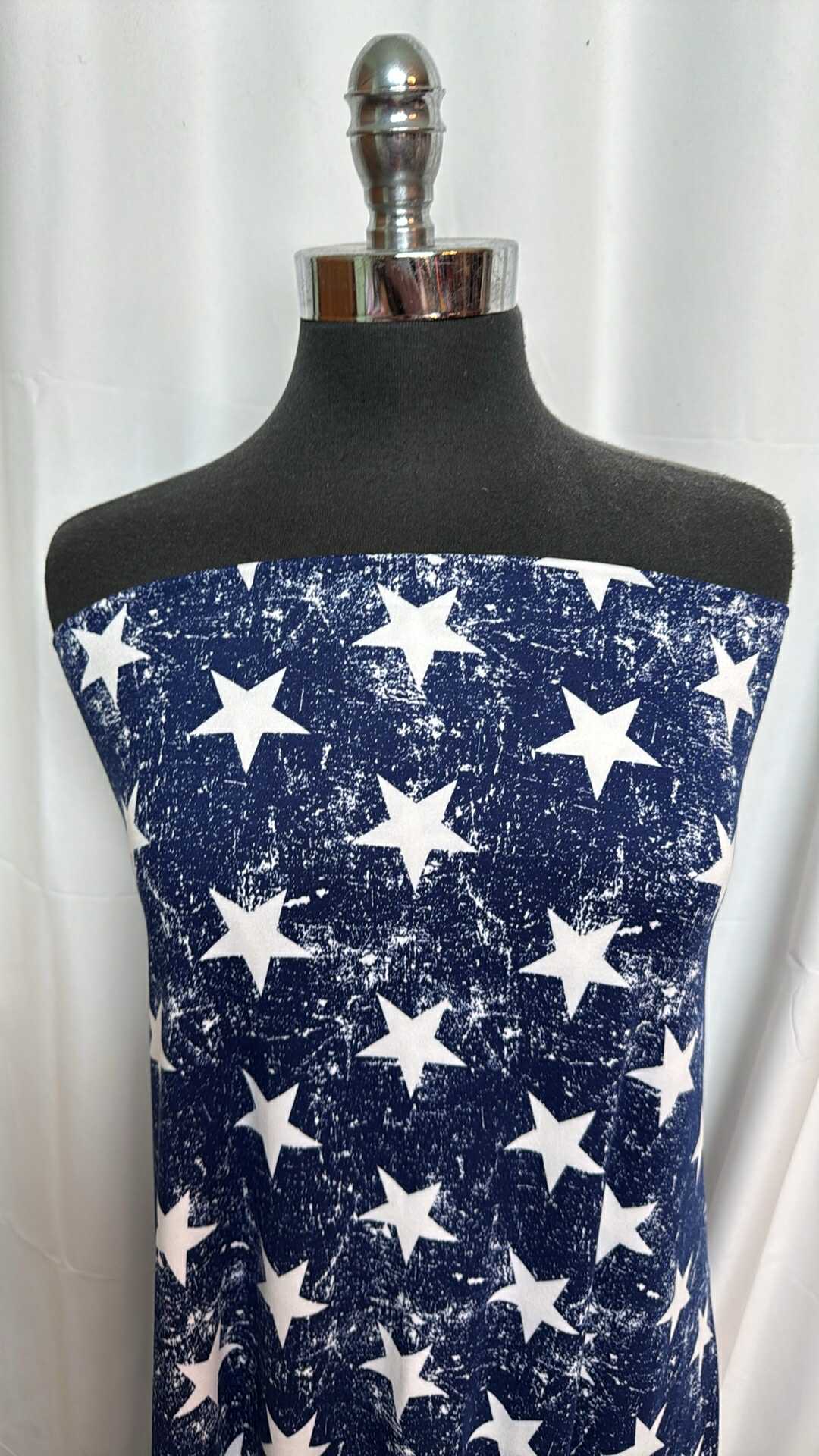 Vintage Navy Distressed Star Print Double Brushed Poly Spandex Fabric - 4 Yard Cut for DIY Fashion, Home Decor & Craft Projects