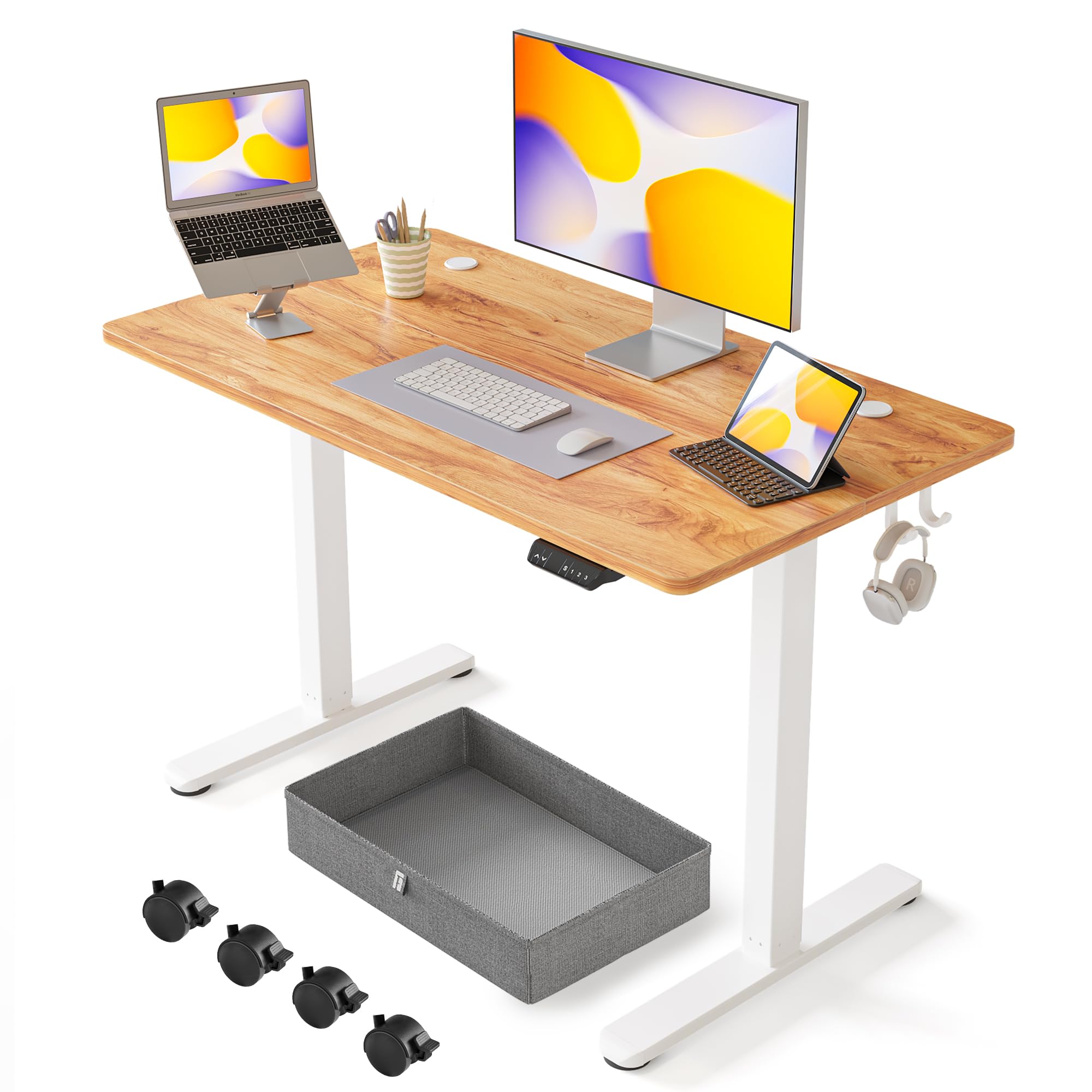 FEZIBO 40 x 24 Inches Electric Standing Desk with Drawer - Adjustable Height Sit Stand Desk with Storage, Ergonomic Home Office Computer Desk in Light Rustic Finish | Perfect for Remote Work, Gaming & Study Spaces